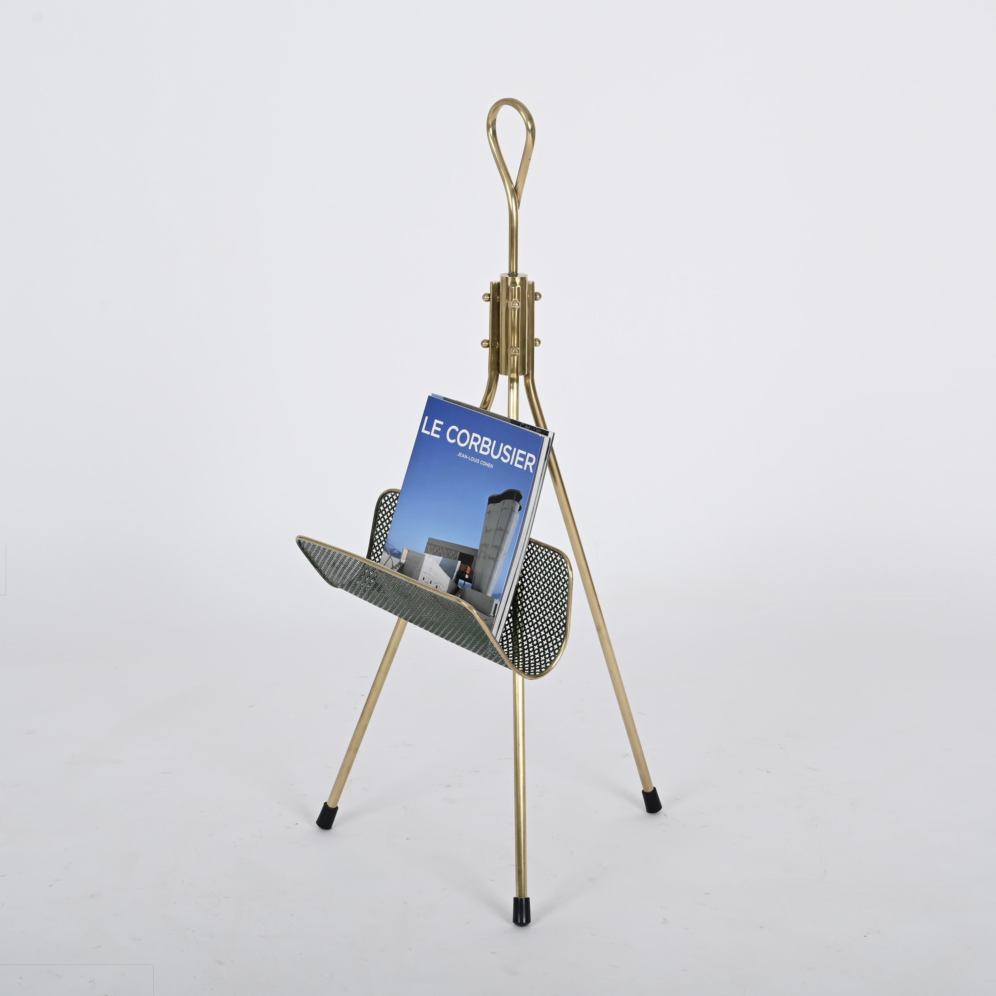 Mathieu Matégot Magazine Rack in Brass and Decorated Green Iron, France 1950s In Good Condition For Sale In Roma, IT