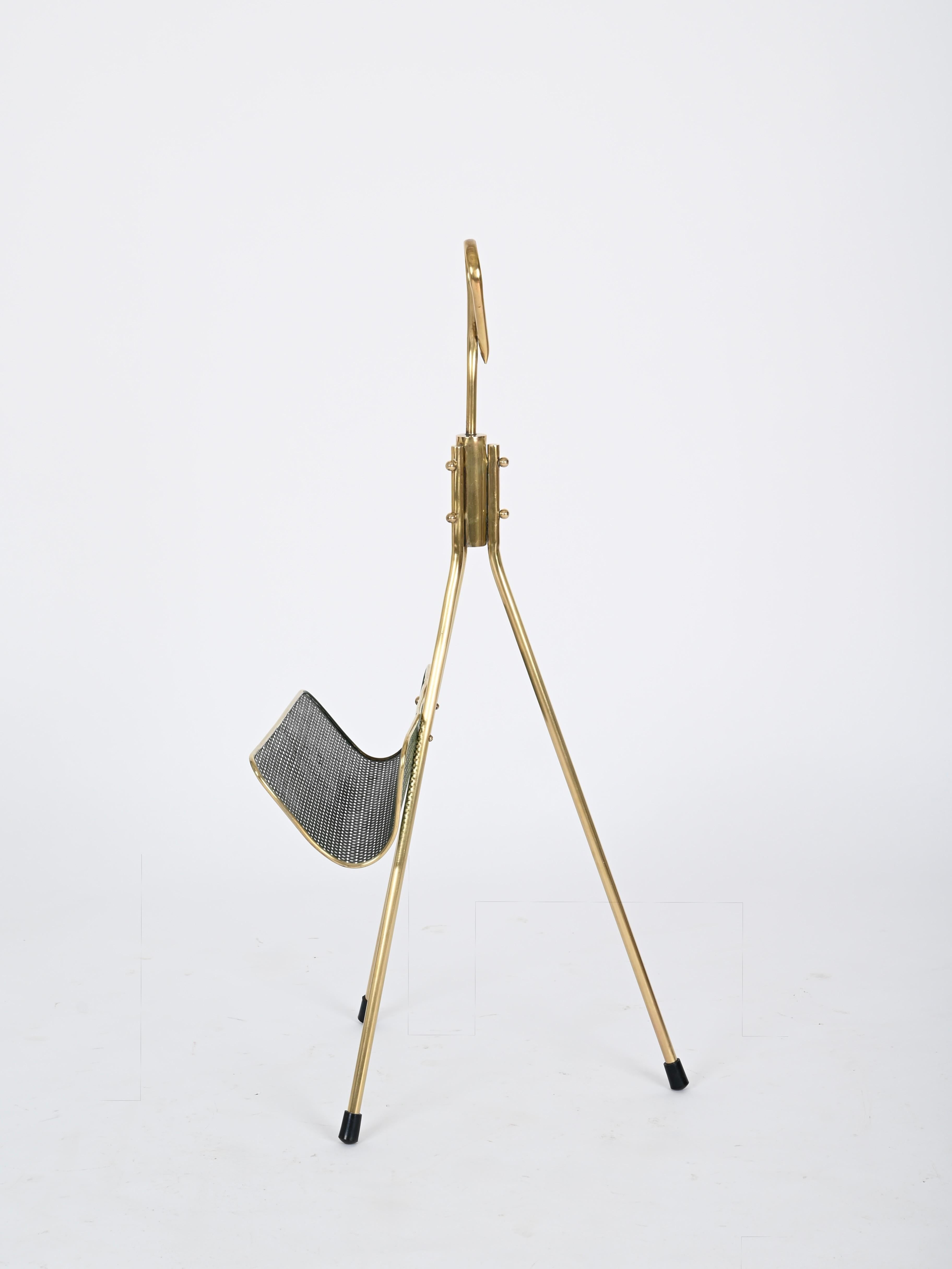 Mid-20th Century Mathieu Matégot Magazine Rack in Brass and Decorated Green Iron, France 1950s For Sale