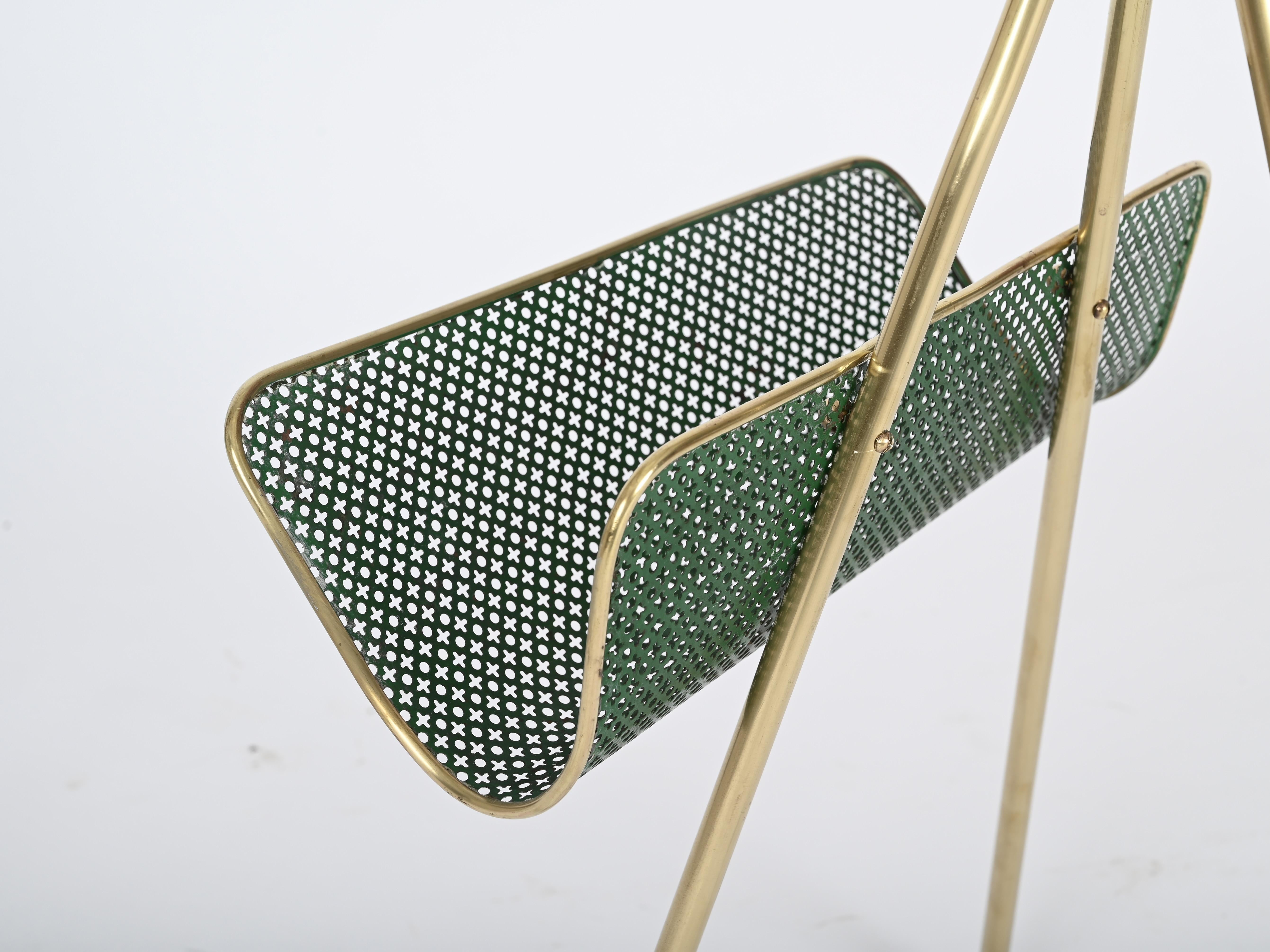 Mathieu Matégot Magazine Rack in Brass and Decorated Green Iron, France 1950s For Sale 1