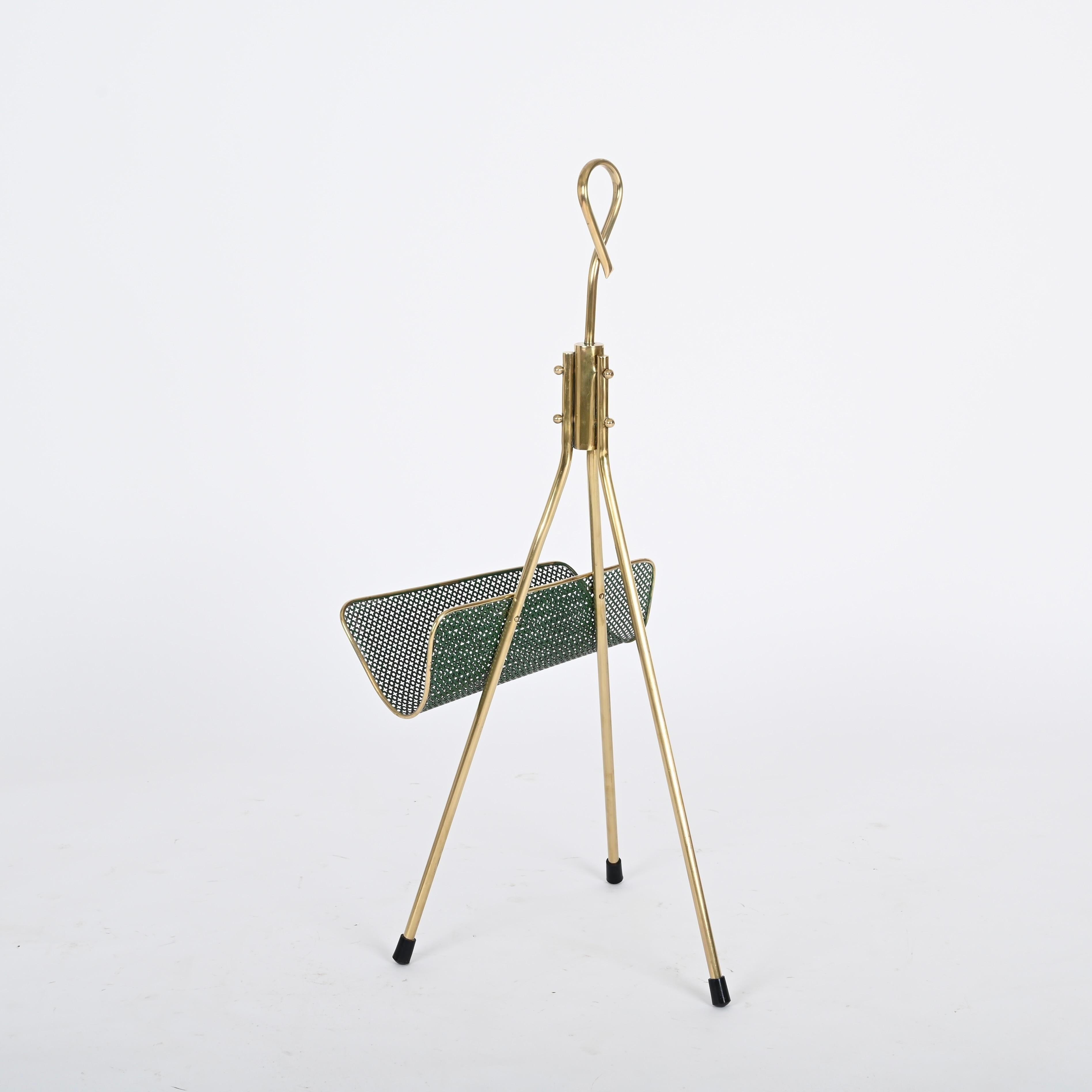 Mathieu Matégot Magazine Rack in Brass and Decorated Green Iron, France 1950s For Sale 2