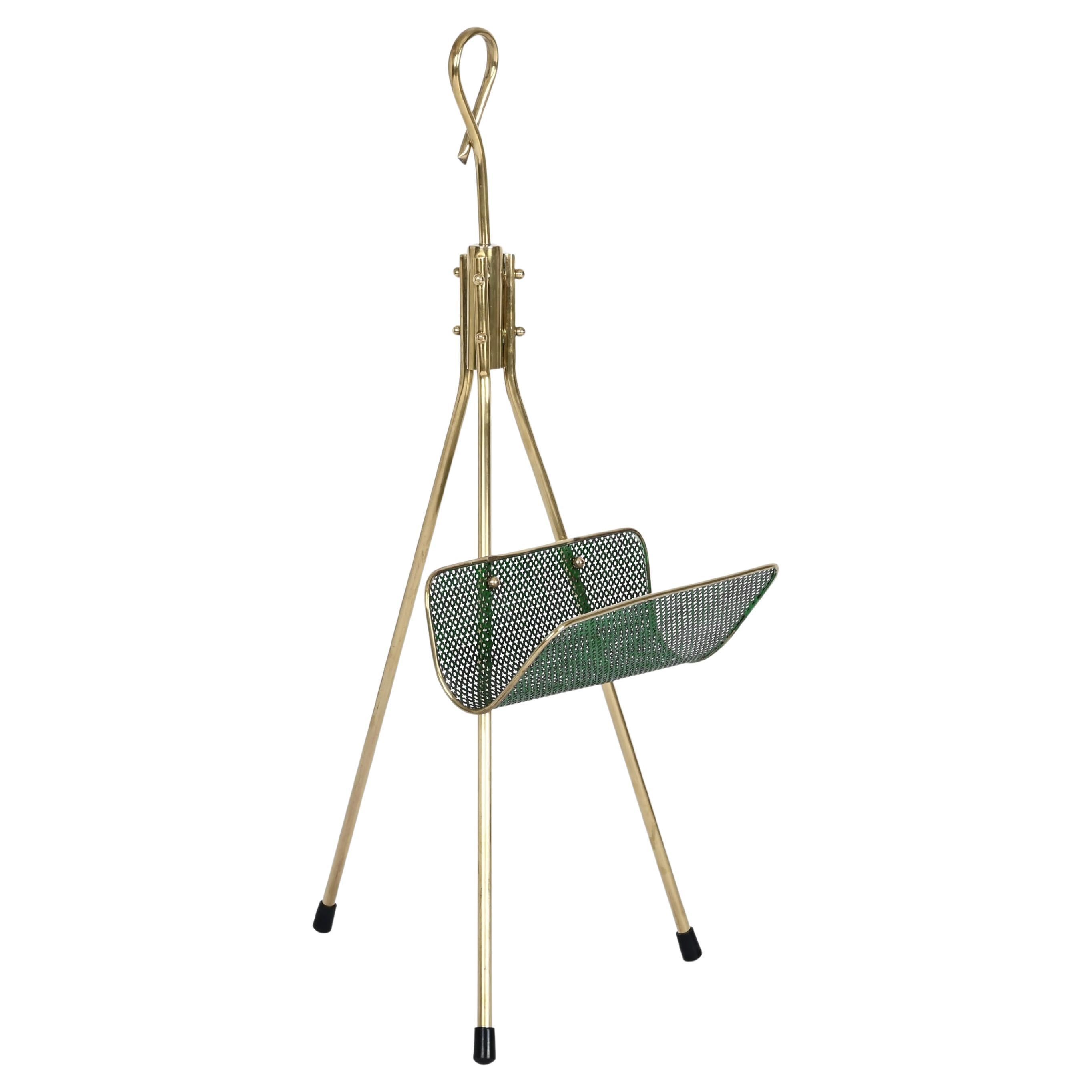 Mathieu Matégot Magazine Rack in Brass and Decorated Green Iron, France 1950s For Sale