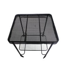 Mathieu Matégot Metal Bar Cart, Glass Lower Shelf, Pleated Apron, France, 1950s