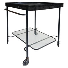 Mathieu Matégot Metal Bar Cart, Glass Lower Shelf, Pleated Apron, France, 1950s
