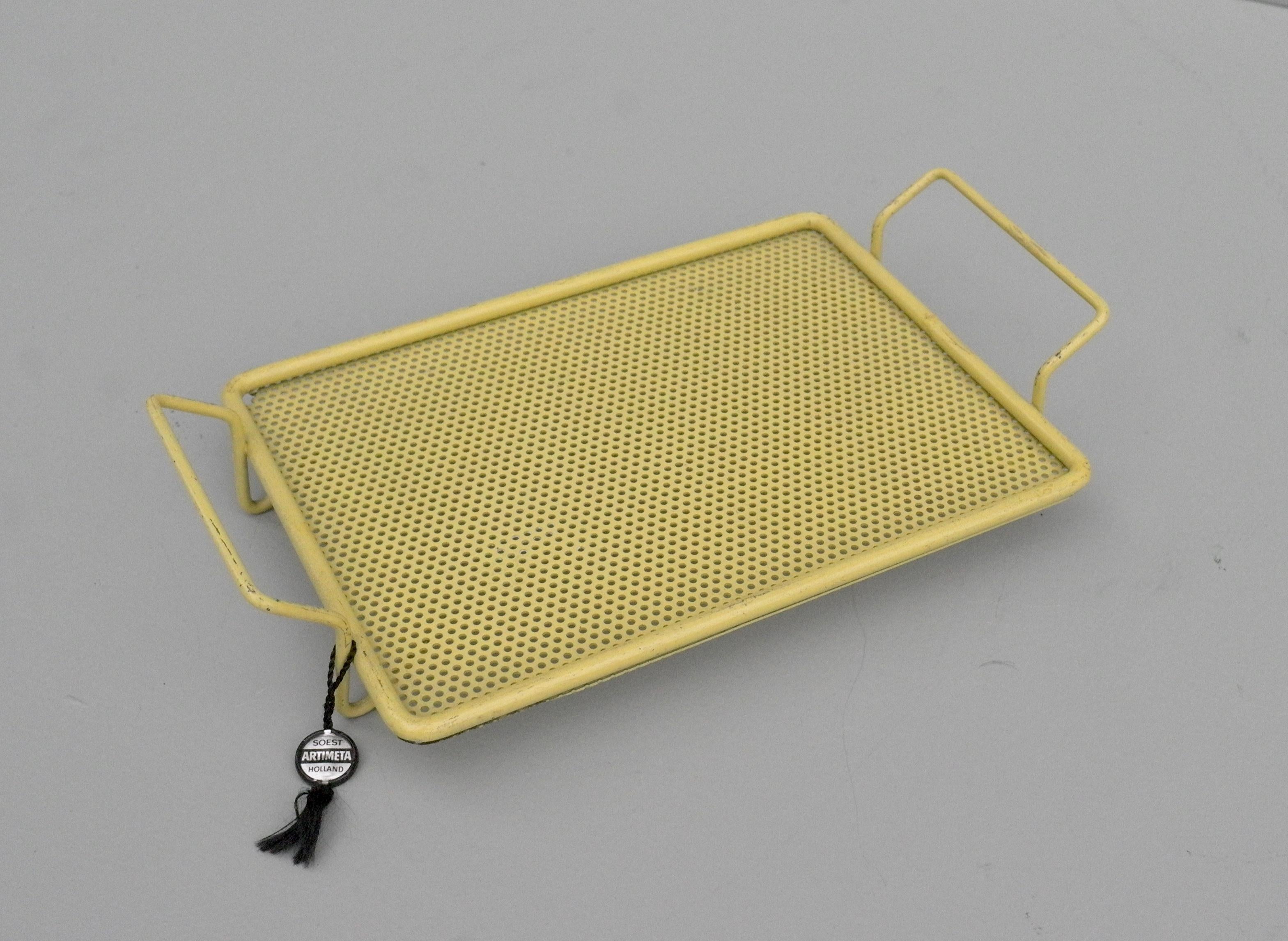 NOS Mathieu Matégot Metal Yellow Bonbonniere Mini serving tray France 1950's In Good Condition In Den Haag, NL