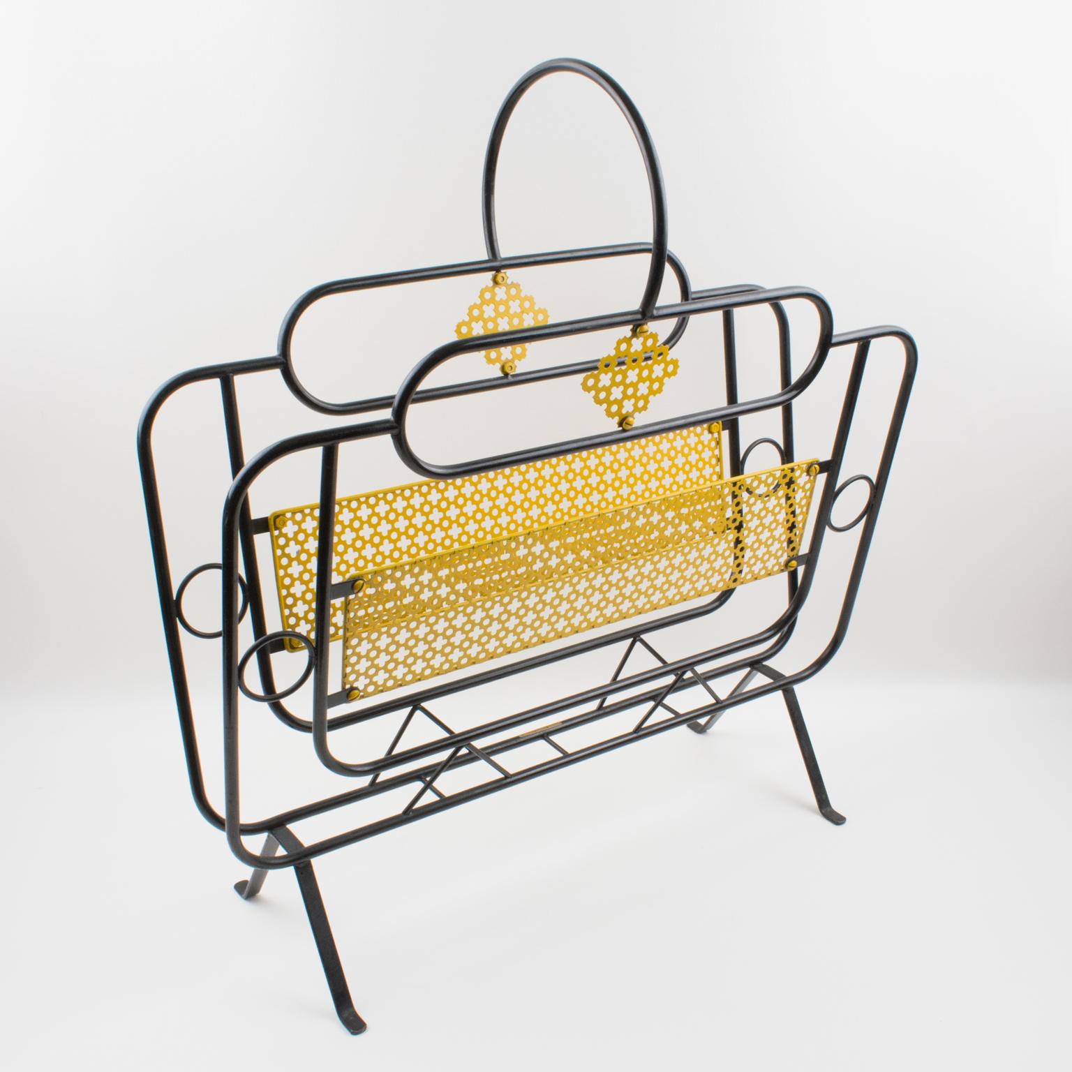 Mathieu Matégot Mid-Century Black, Yellow Lacquered Metal Magazine Holder For Sale 8