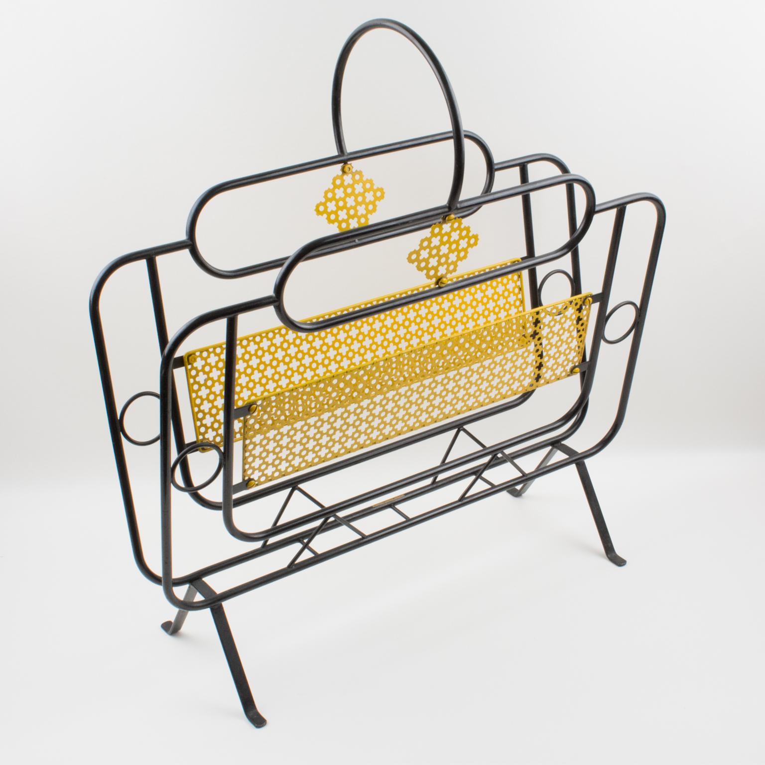 Mathieu Matégot Mid-Century Black, Yellow Lacquered Metal Magazine Holder For Sale 9