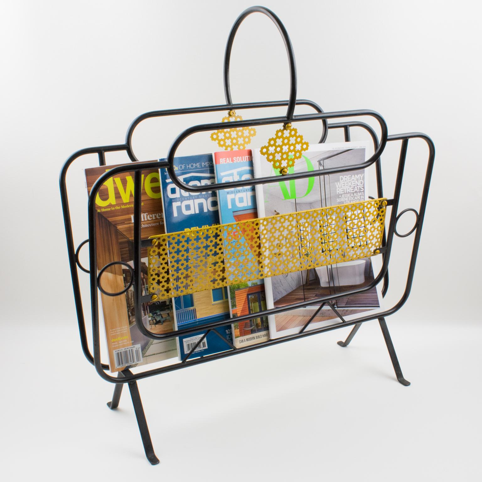 Mathieu Matégot Mid-Century Black, Yellow Lacquered Metal Magazine Holder For Sale 11