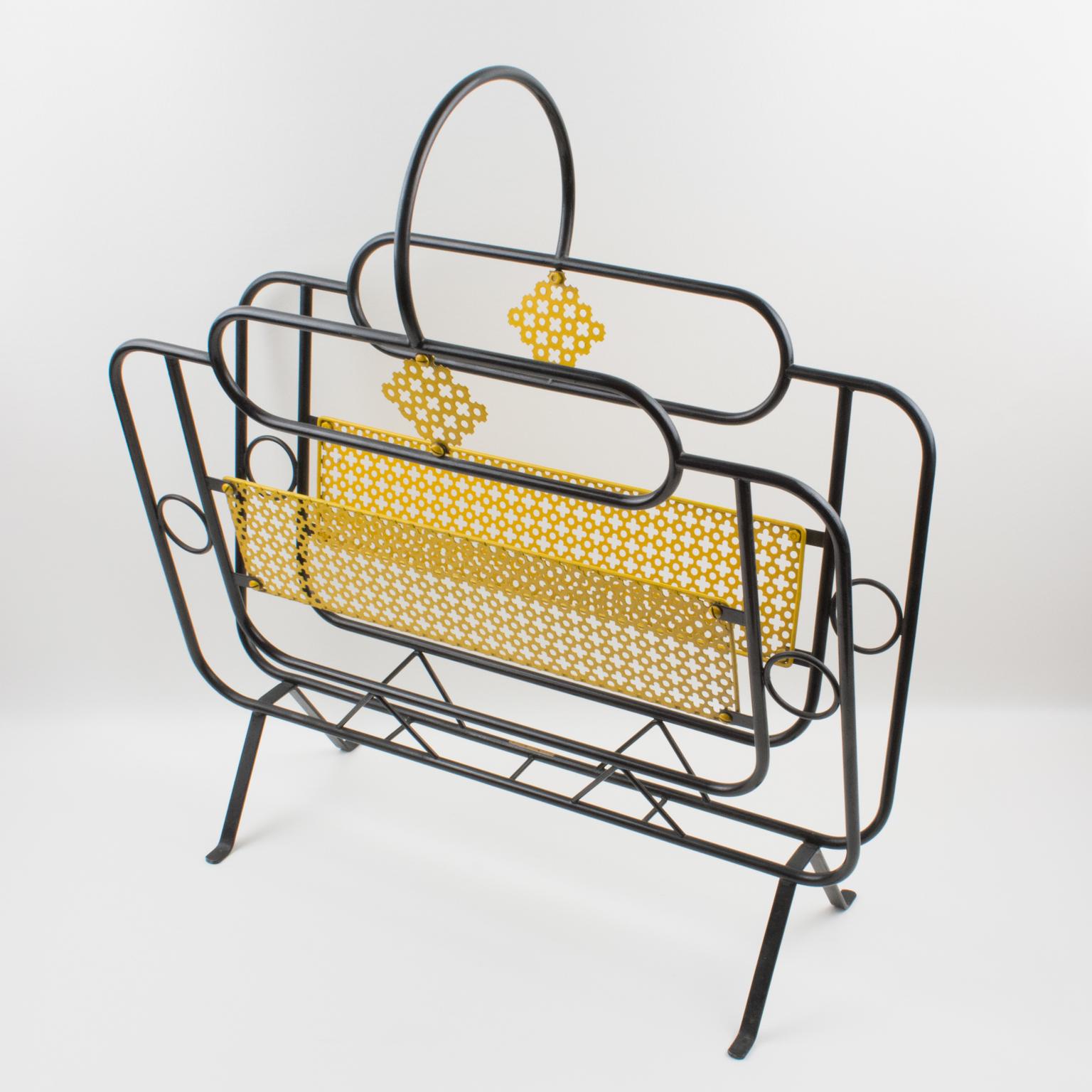 Mid-Century Modern Mathieu Matégot Mid-Century Black, Yellow Lacquered Metal Magazine Holder For Sale