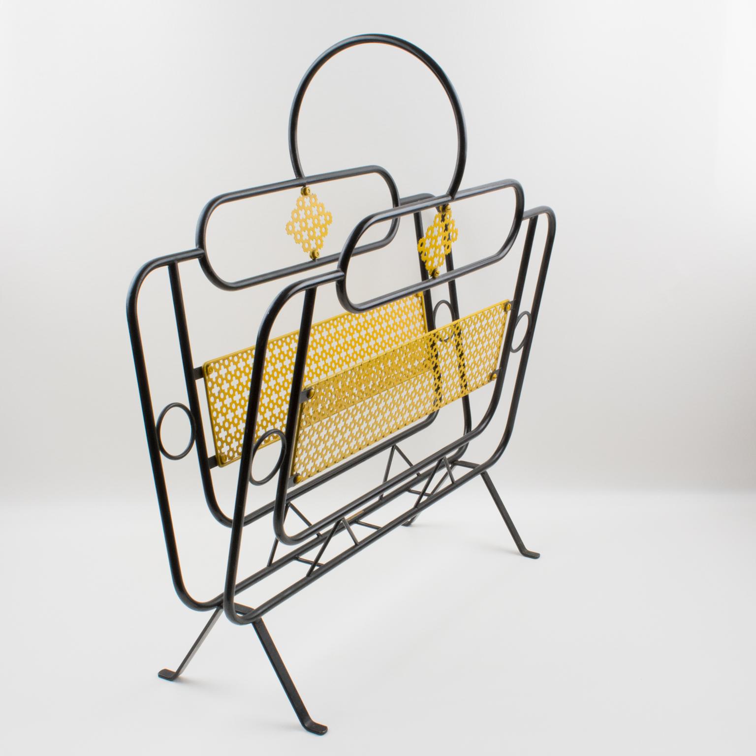 Mathieu Matégot Mid-Century Black, Yellow Lacquered Metal Magazine Holder In Good Condition For Sale In Atlanta, GA