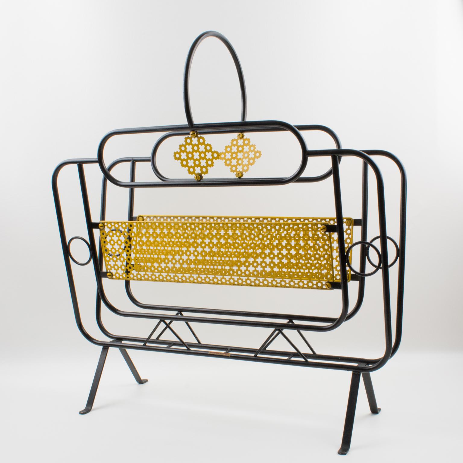 Mathieu Matégot Mid-Century Black, Yellow Lacquered Metal Magazine Holder For Sale 1