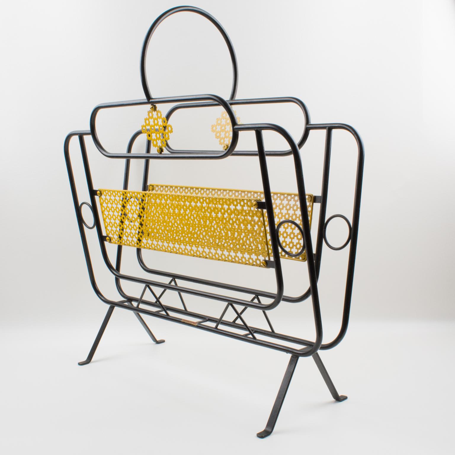 Mathieu Matégot Mid-Century Black, Yellow Lacquered Metal Magazine Holder For Sale 2