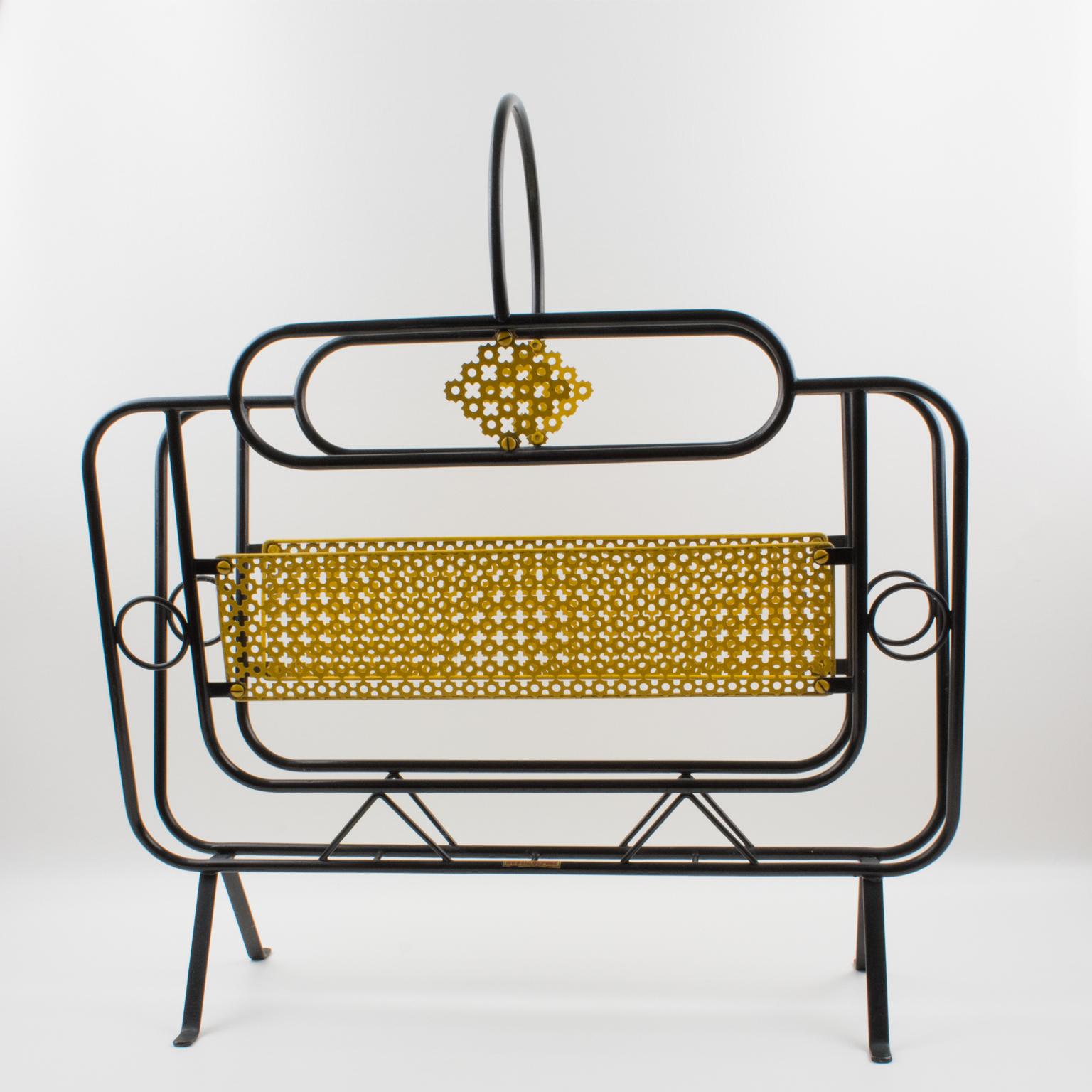 Mathieu Matégot Mid-Century Black, Yellow Lacquered Metal Magazine Holder For Sale 3