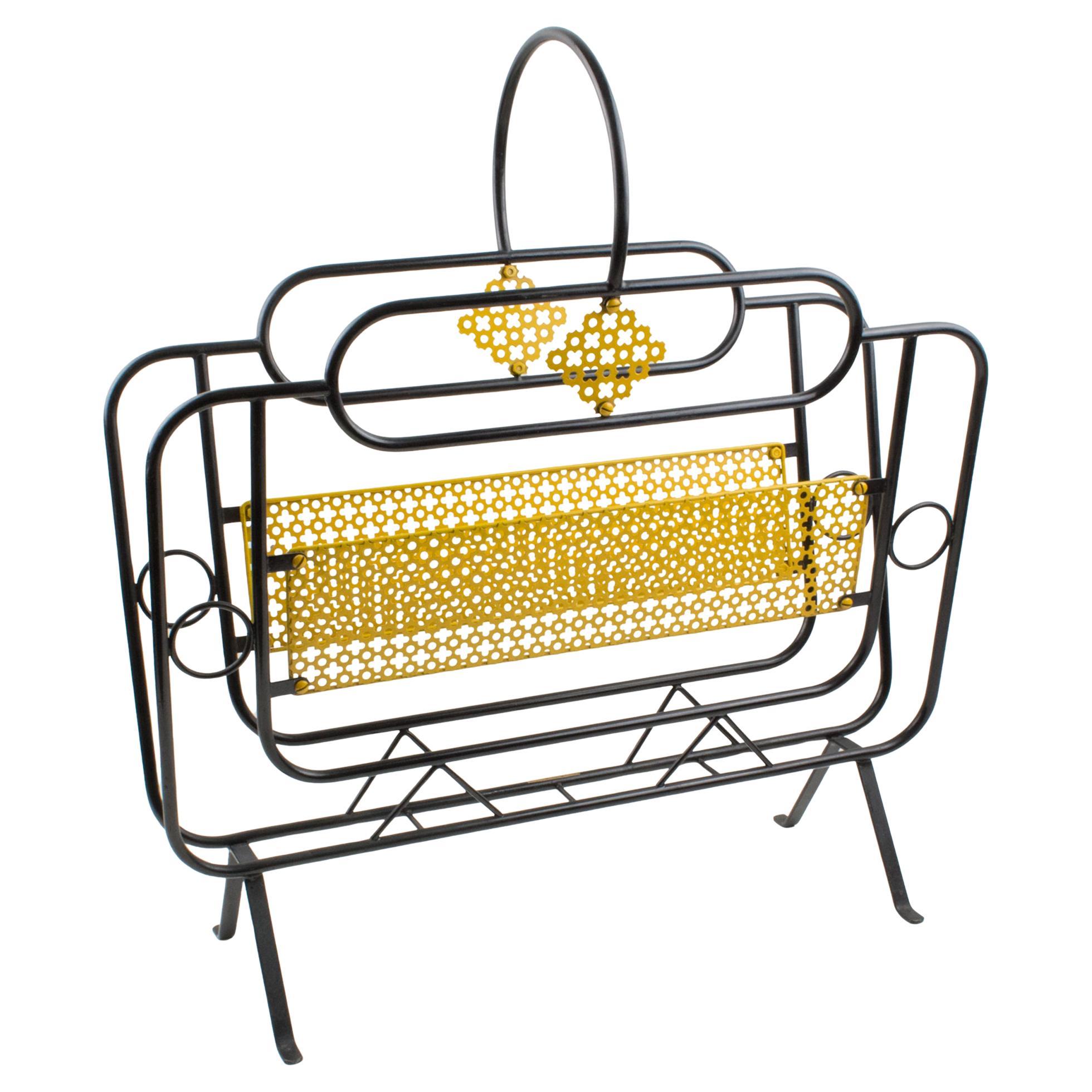 Mathieu Matégot Mid-Century Black, Yellow Lacquered Metal Magazine Holder For Sale
