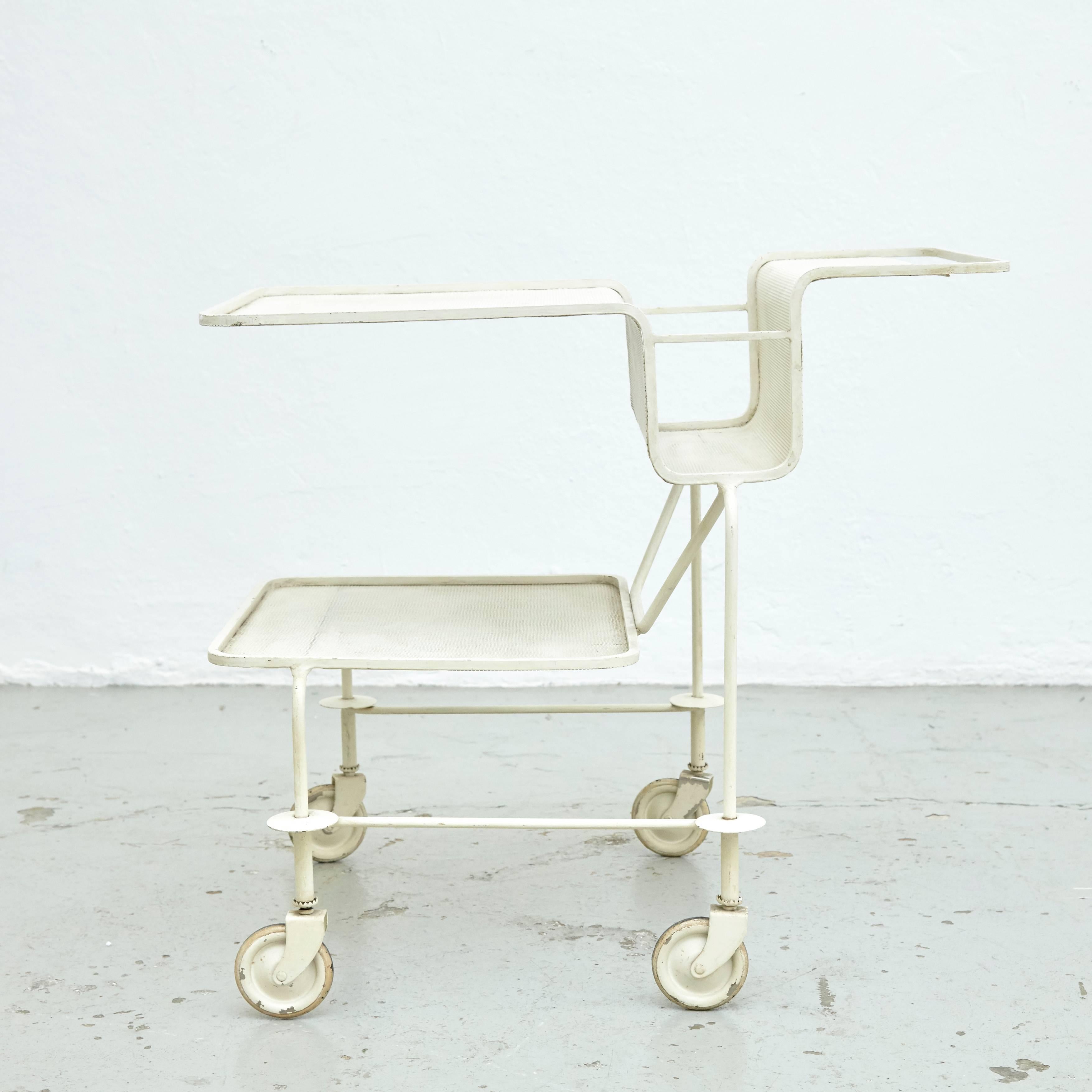 Mathieu Mategot Mid Century Modern White Lacquered French Trolley, circa 1950 In Good Condition In Barcelona, Barcelona