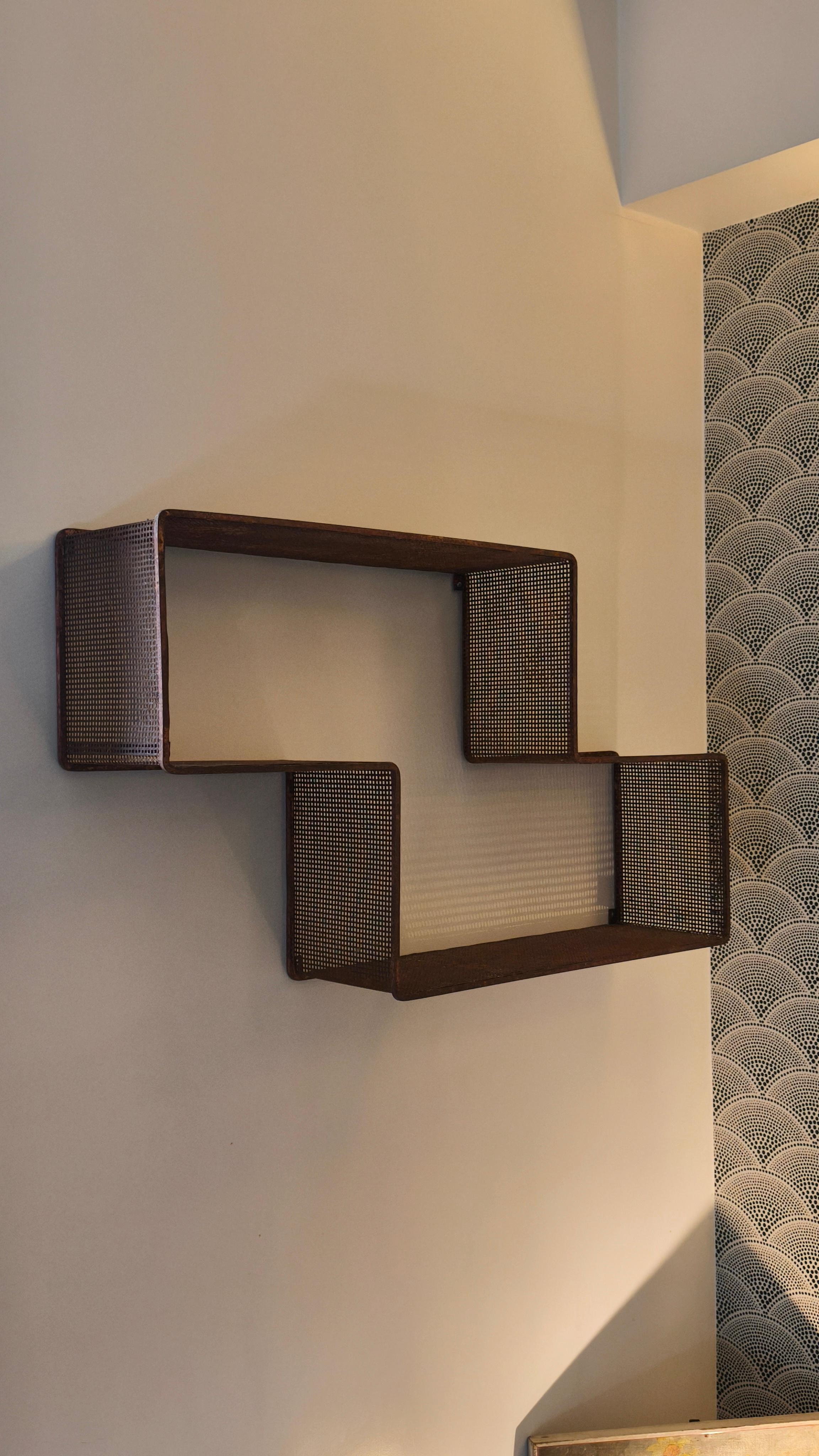 French Mathieu Matégot Midcentury Dedal wall shelf, red perforated metal, France, 50s For Sale