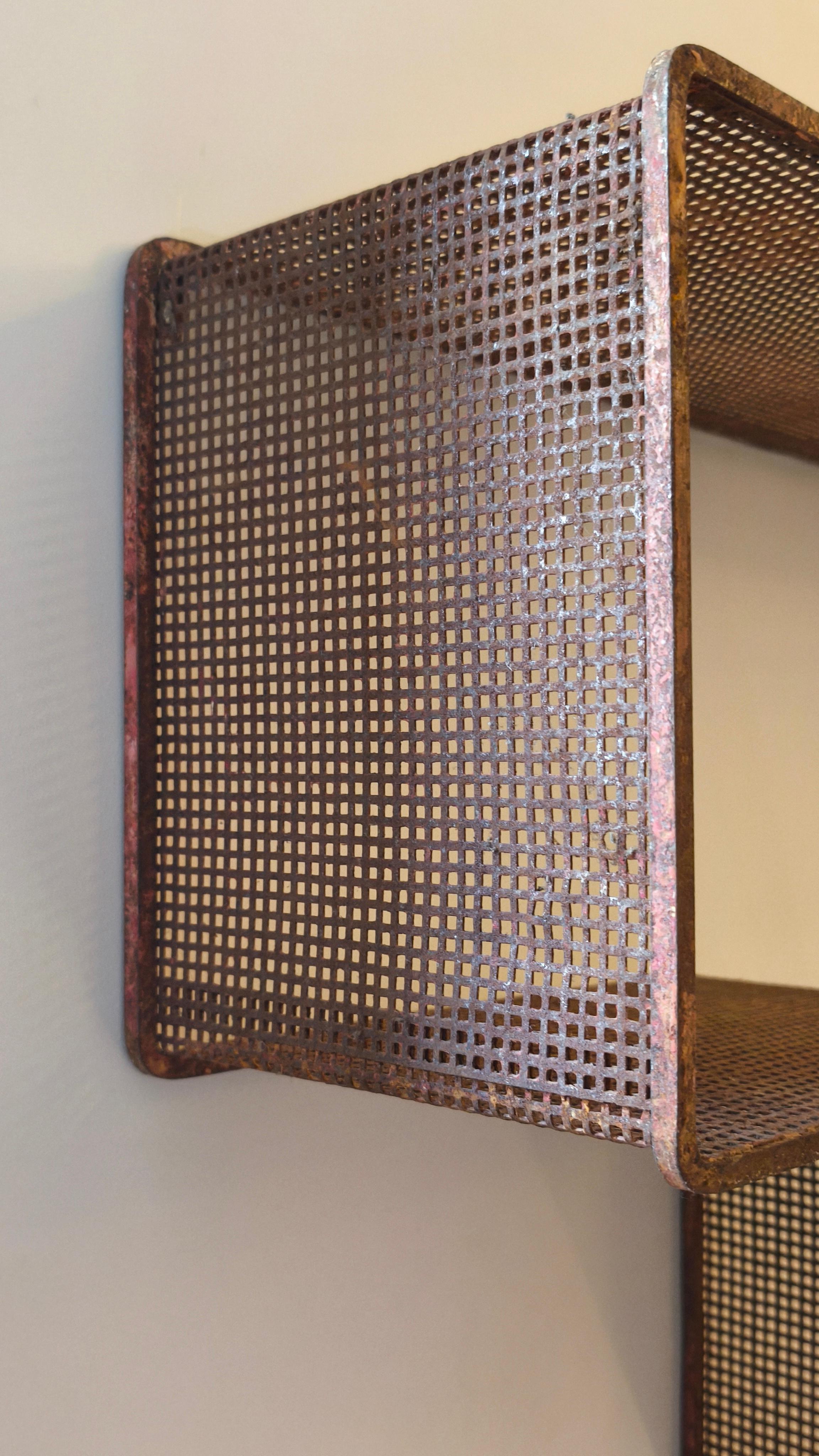 Mid-20th Century Mathieu Matégot Midcentury Dedal wall shelf, red perforated metal, France, 50s For Sale