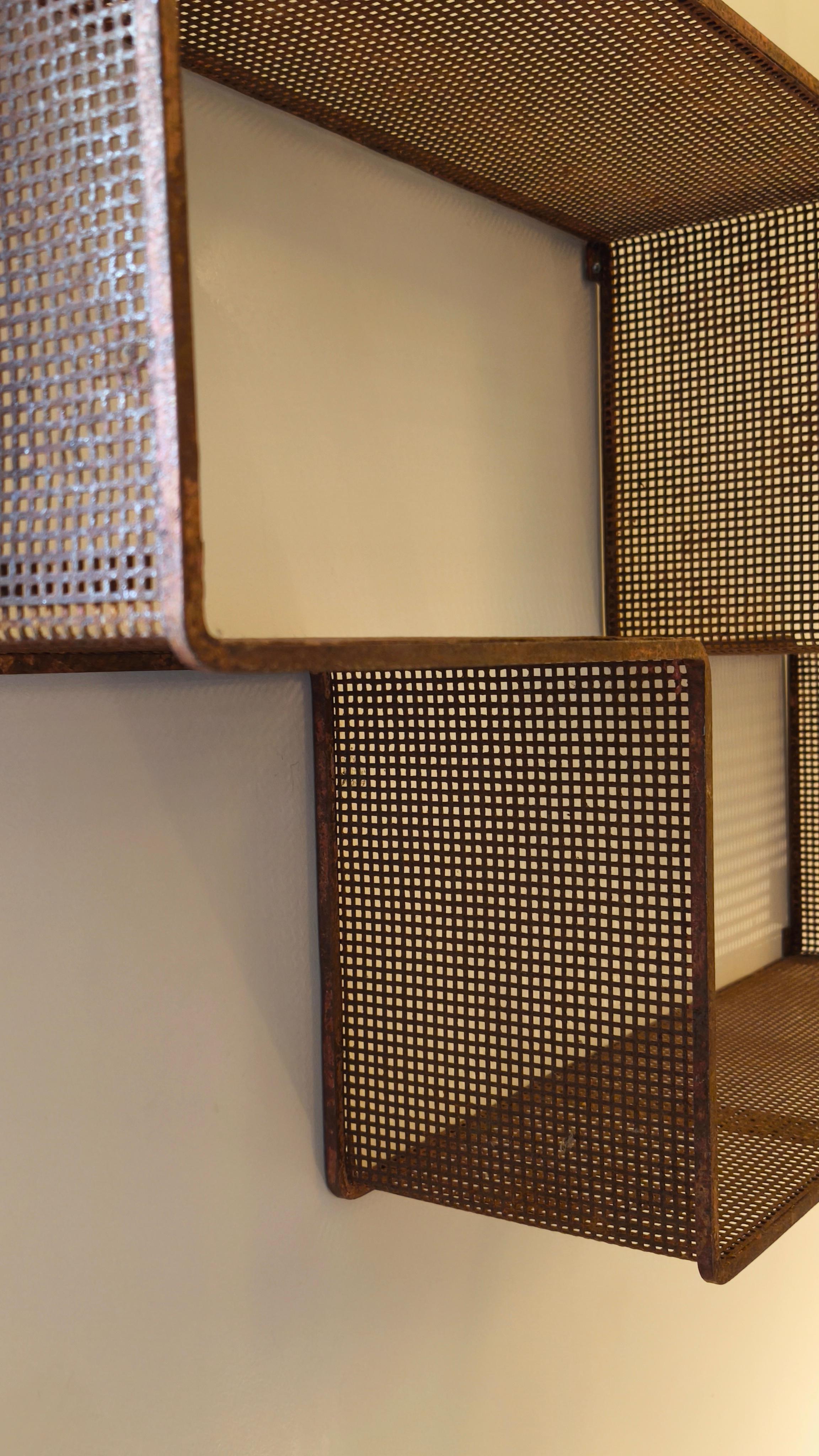 Metal Mathieu Matégot Midcentury Dedal wall shelf, red perforated metal, France, 50s For Sale