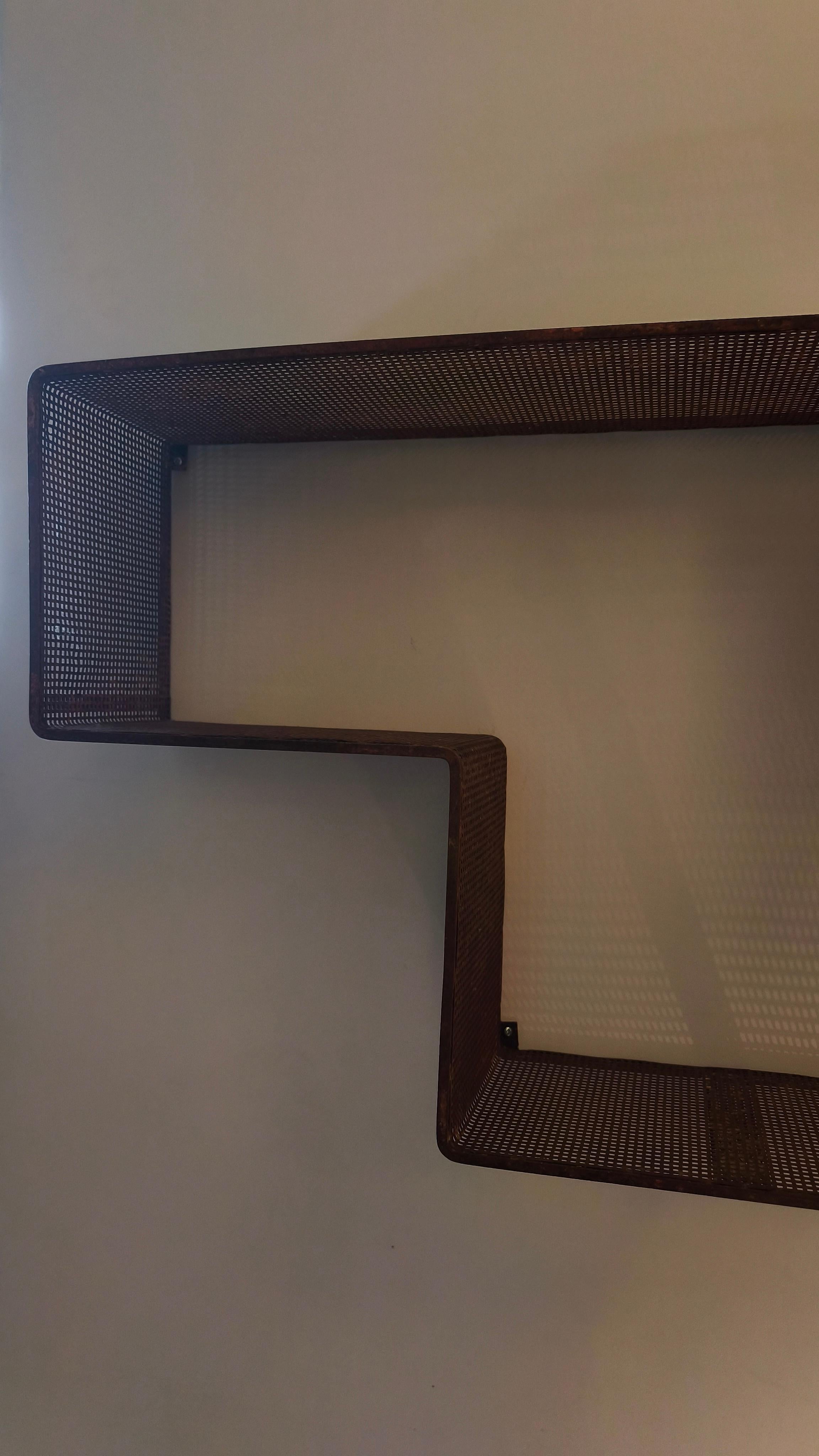 Mathieu Matégot Midcentury Dedal wall shelf, red perforated metal, France, 50s For Sale 1
