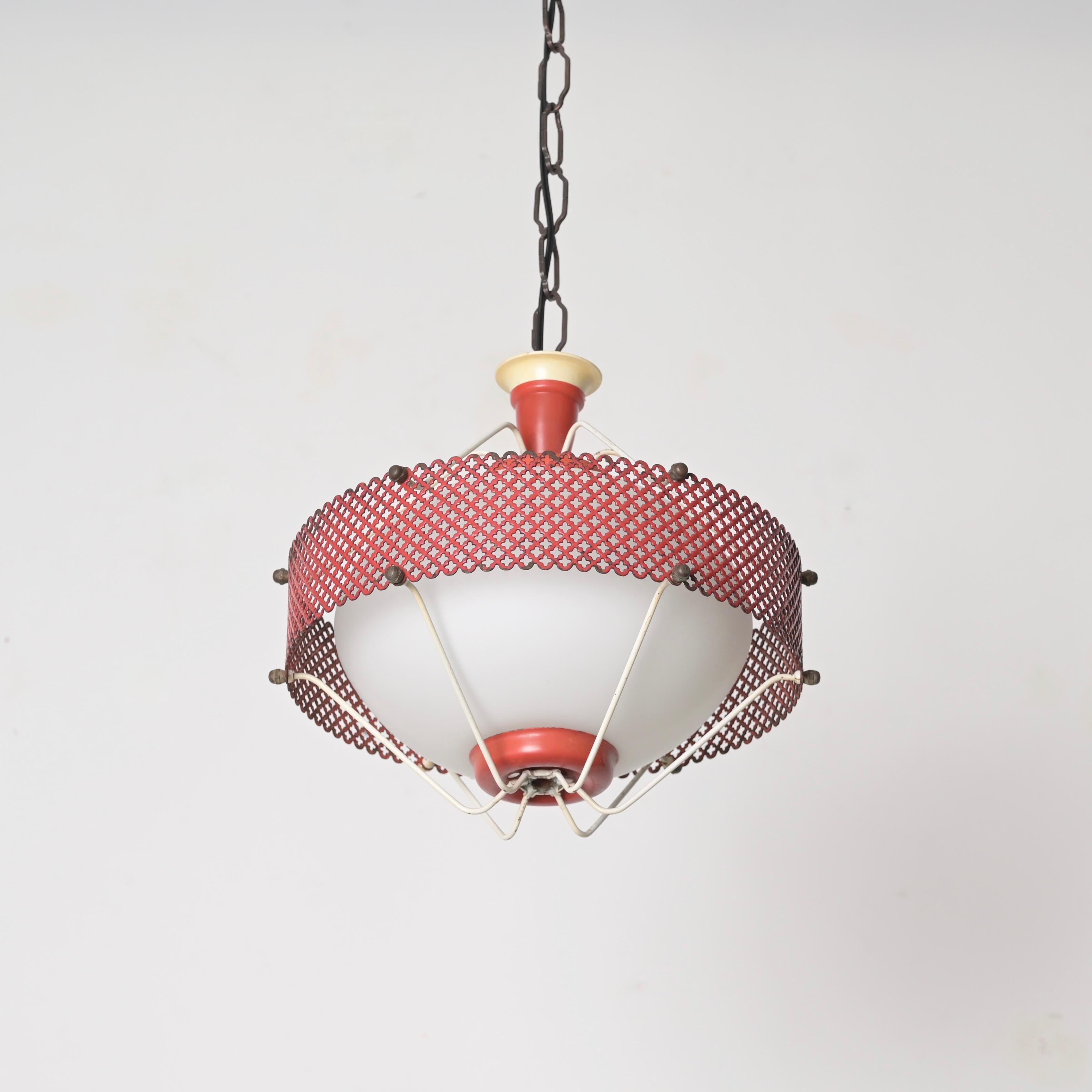 Mathieu Matégot Pendant Lamps in Opal Glass, Red Metal, 1950s French Lighting For Sale 3