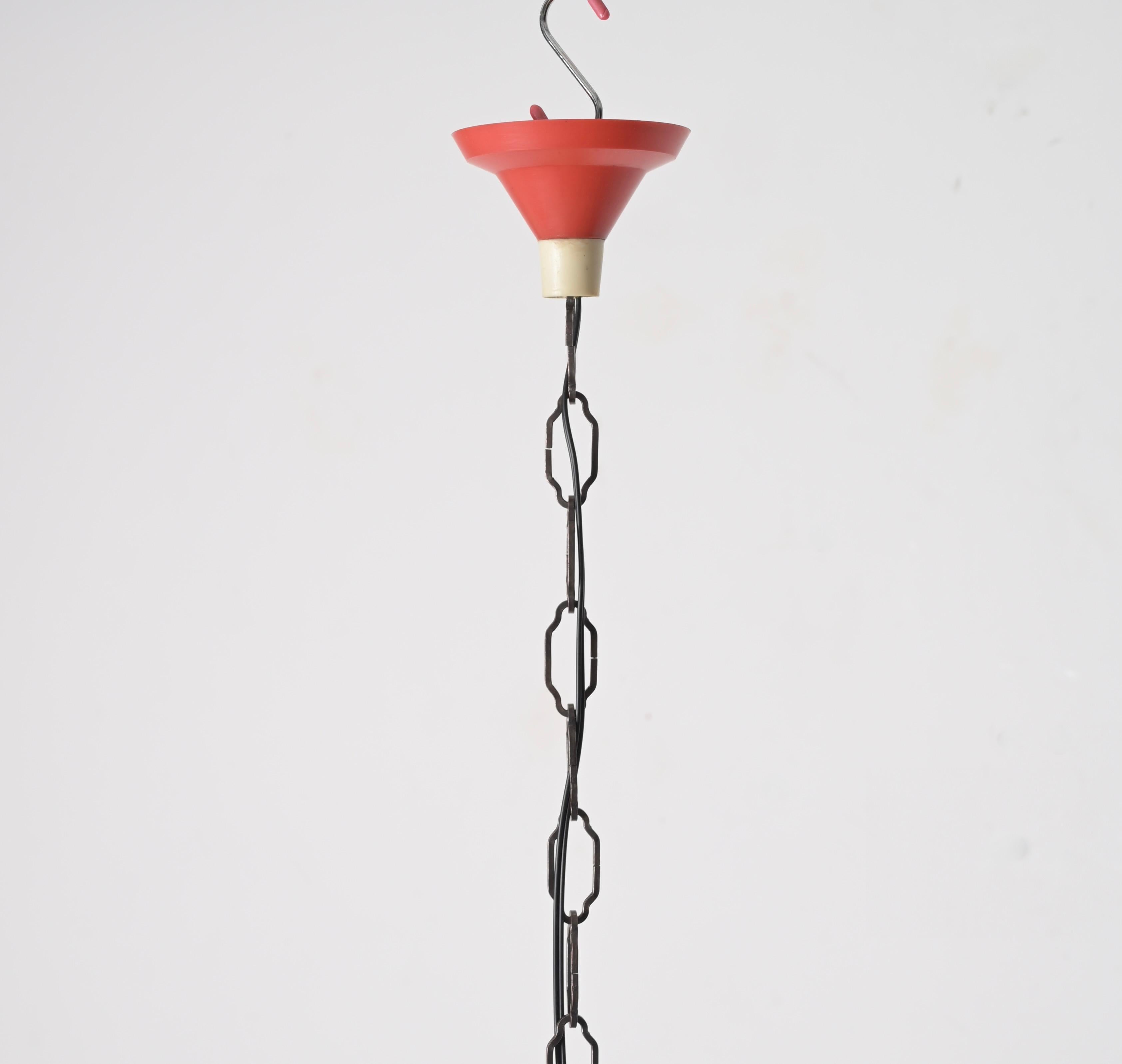 Mathieu Matégot Pendelleuchten aus Opalglas, rotes Metall, 1950er Jahre Französische Beleuchtung im Angebot 5