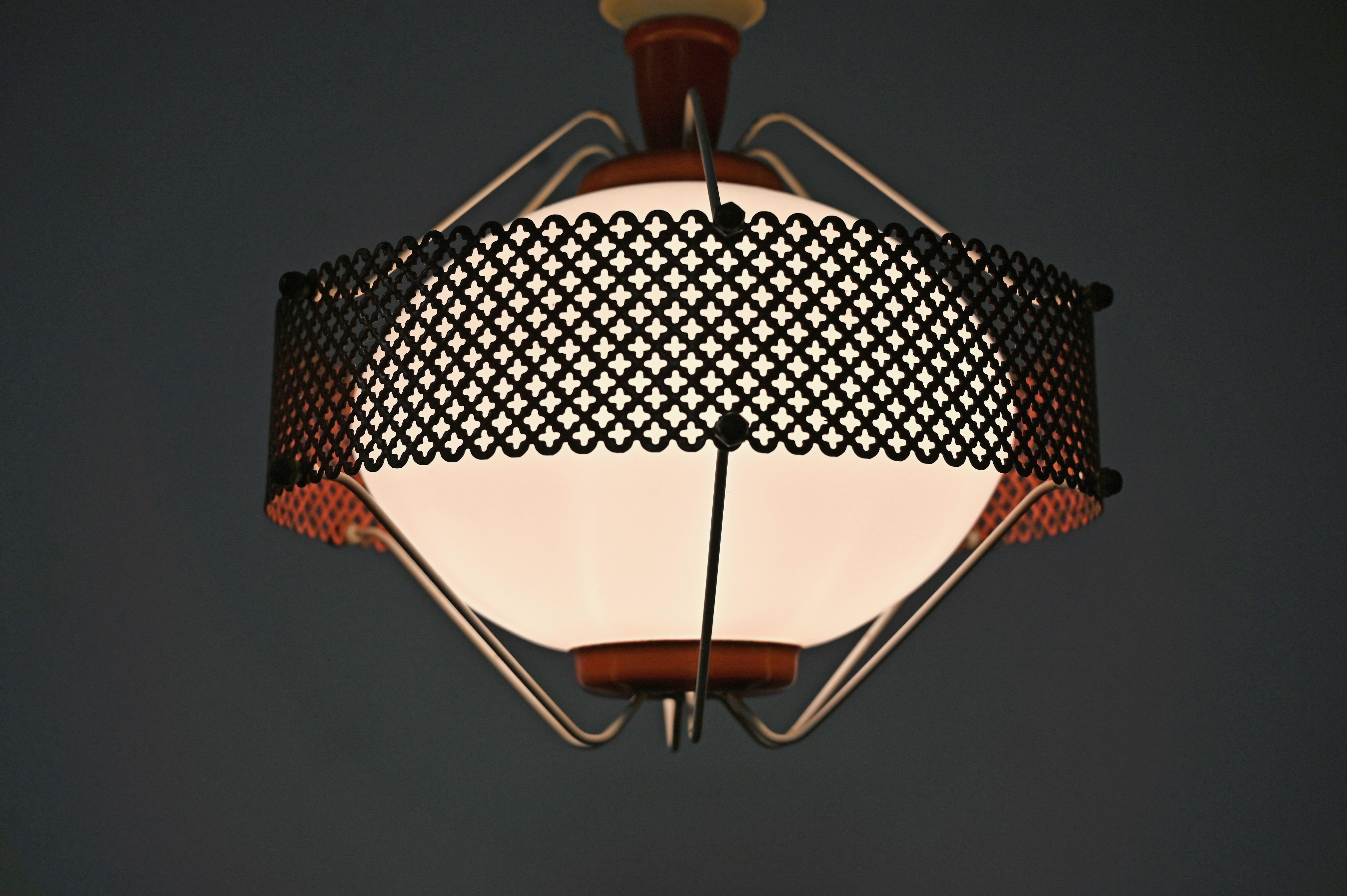 Mathieu Matégot Pendant Lamps in Opal Glass, Red Metal, 1950s French Lighting For Sale 7
