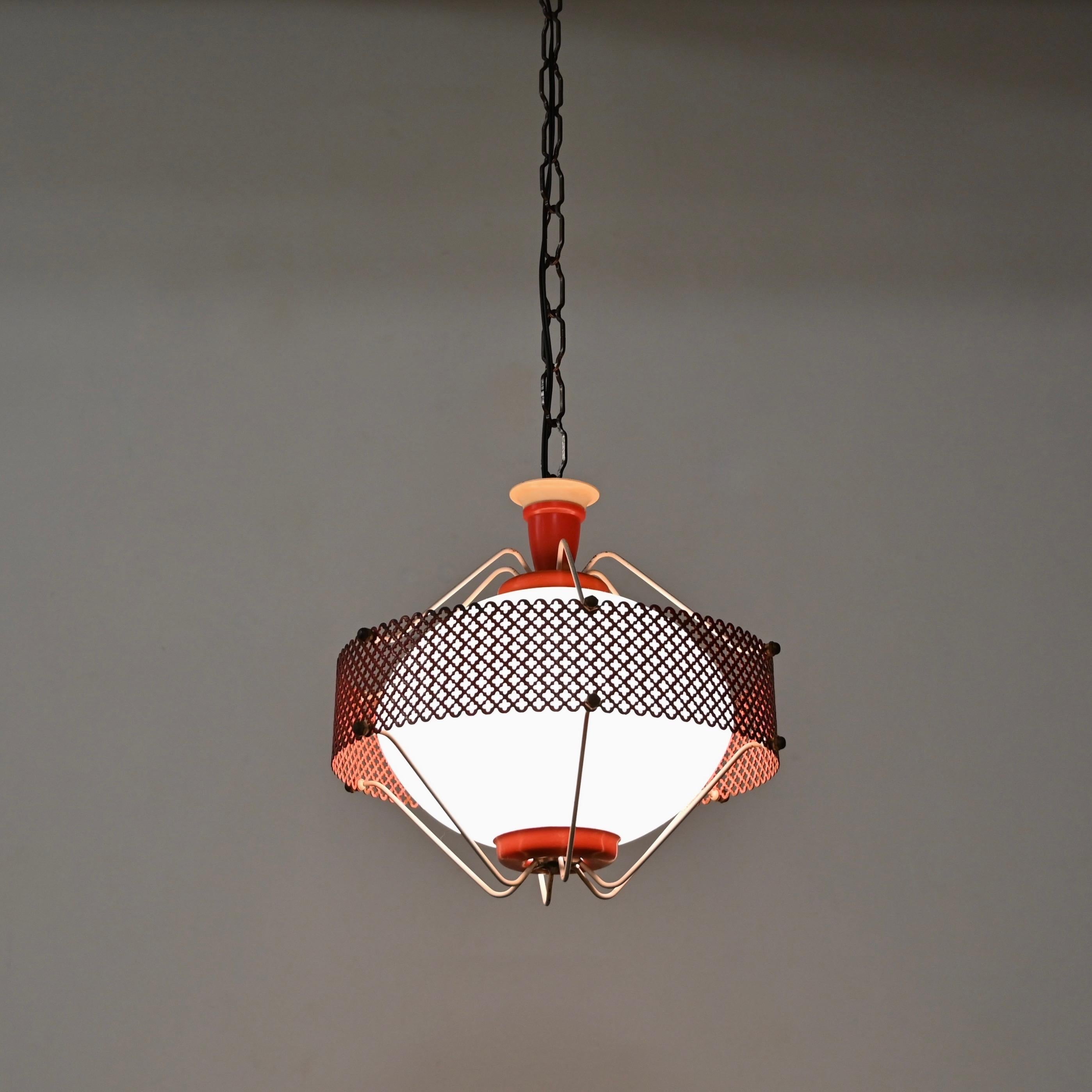 Mathieu Matégot Pendant Lamps in Opal Glass, Red Metal, 1950s French Lighting For Sale 8