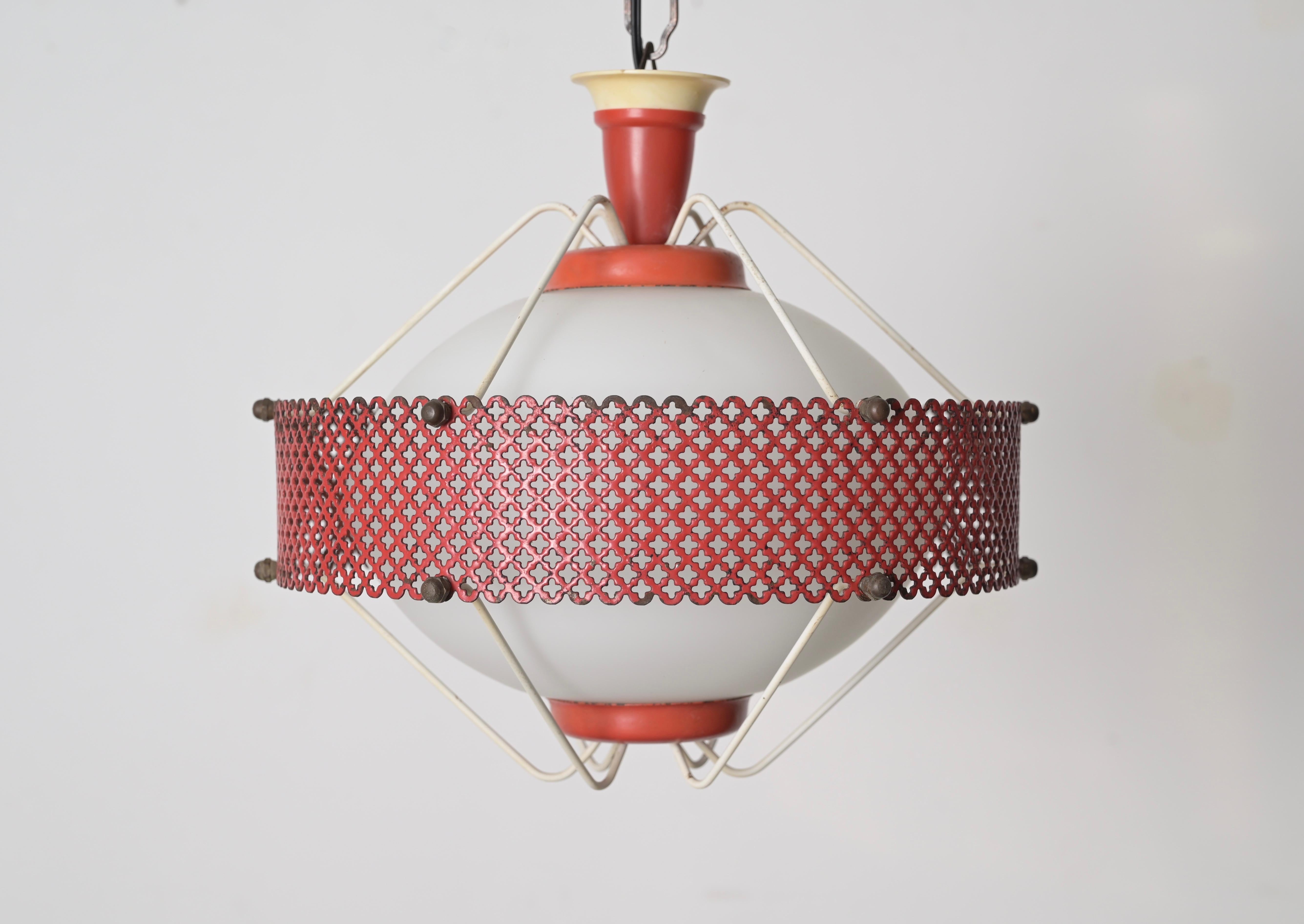 Mid-Century Modern Mathieu Matégot Pendant Lamps in Opal Glass, Red Metal, 1950s French Lighting For Sale