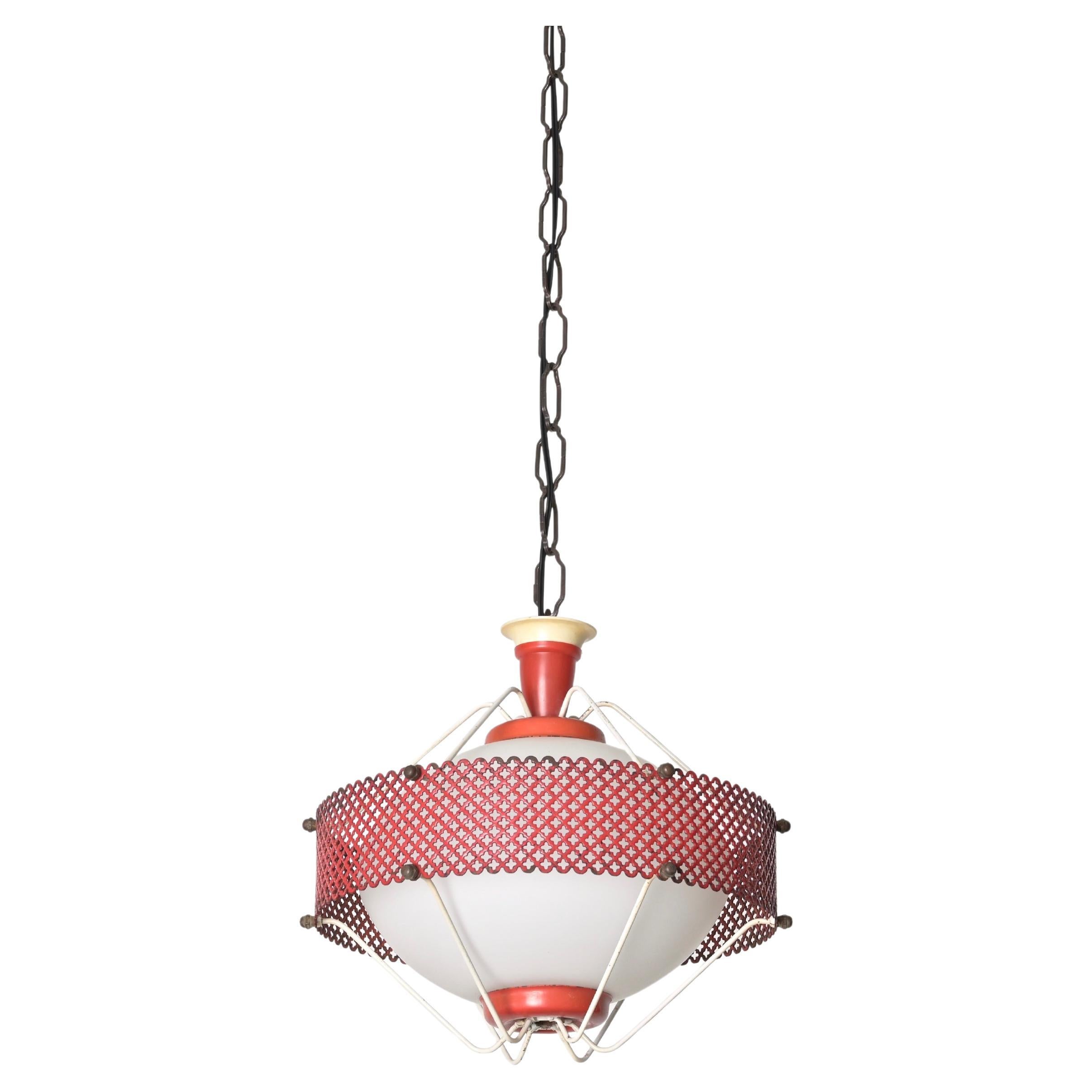 Italian Mathieu Matégot Pendant Lamps in Opal Glass, Red Metal, 1950s French Lighting For Sale