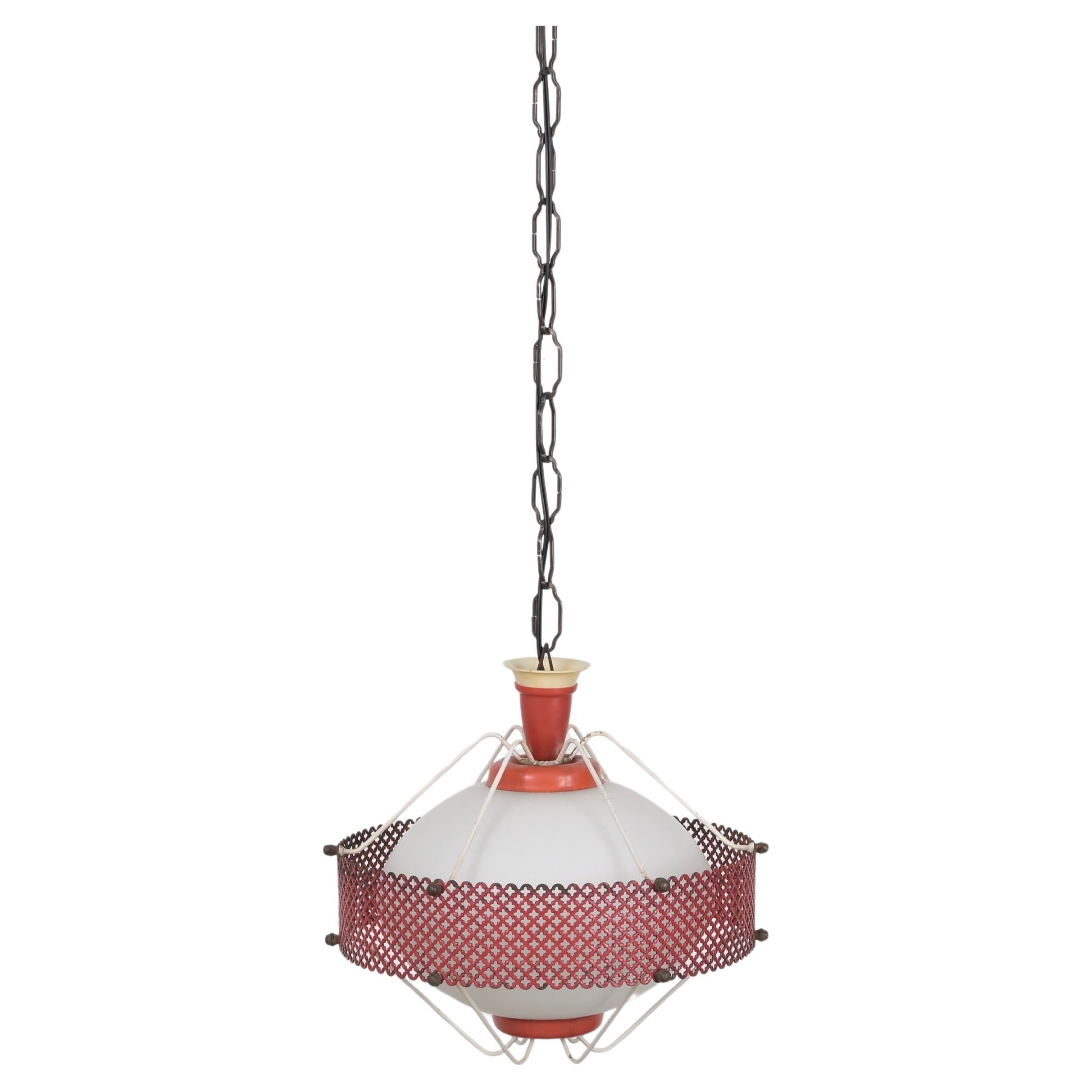 Enameled Mathieu Matégot Pendant Lamps in Opal Glass, Red Metal, 1950s French Lighting For Sale