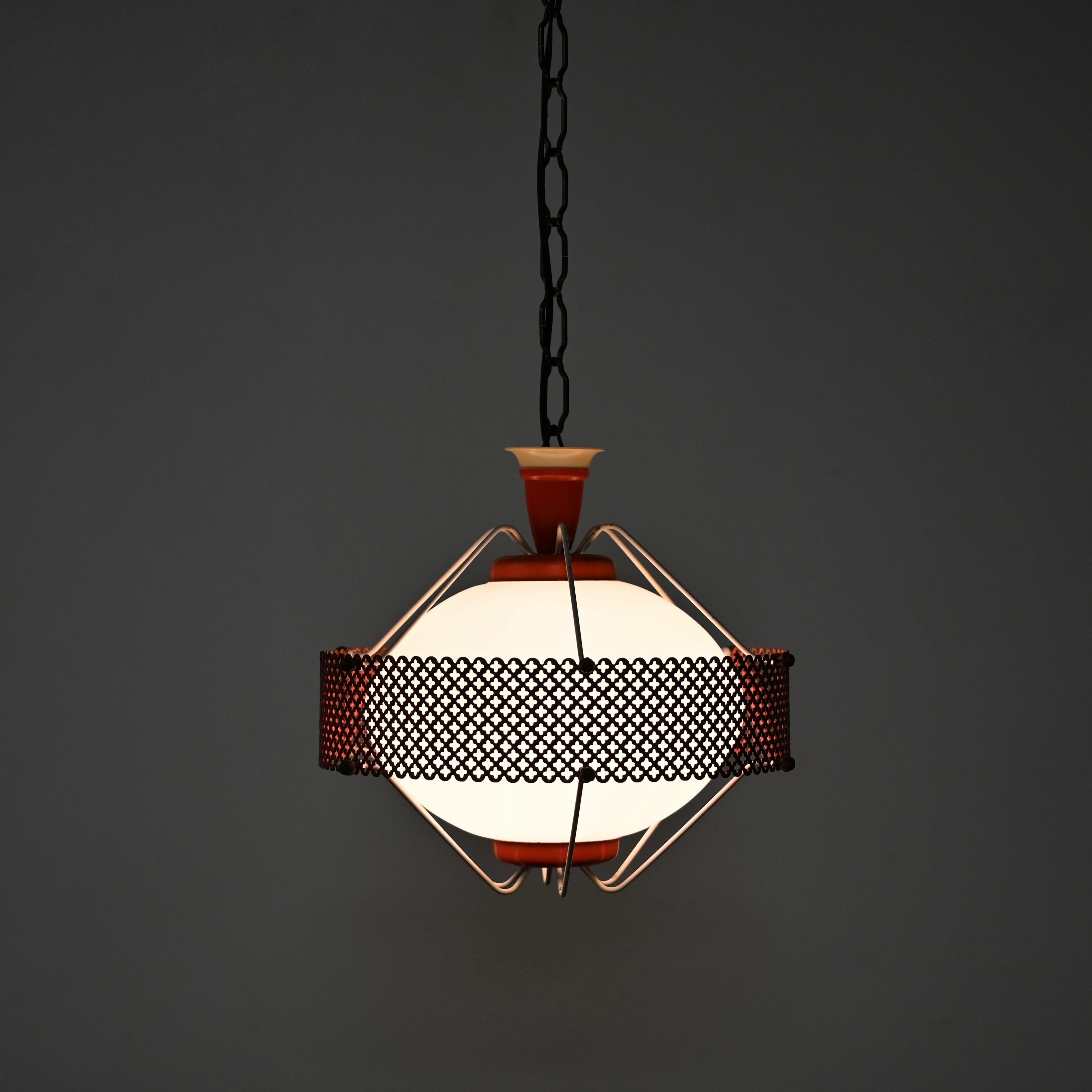 20th Century Mathieu Matégot Pendant Lamps in Opal Glass, Red Metal, 1950s French Lighting For Sale