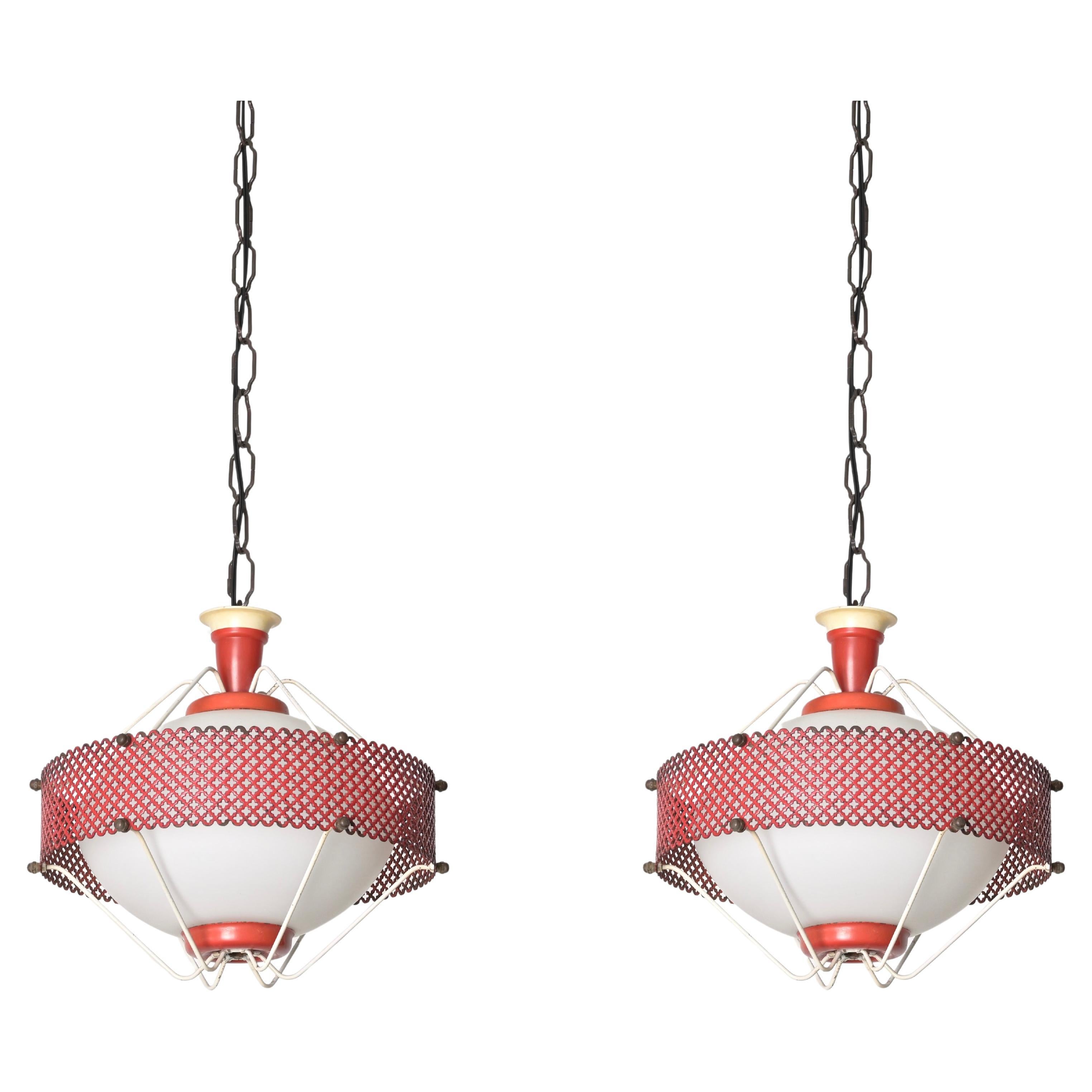 Mathieu Matégot Pendant Lamps in Opal Glass, Red Metal, 1950s French Lighting For Sale