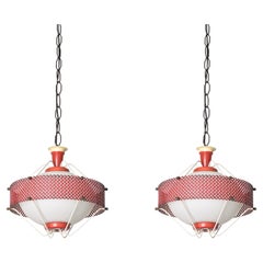 Vintage Mathieu Matégot Pendant Lamps in Opal Glass, Red Metal, 1950s French Lighting