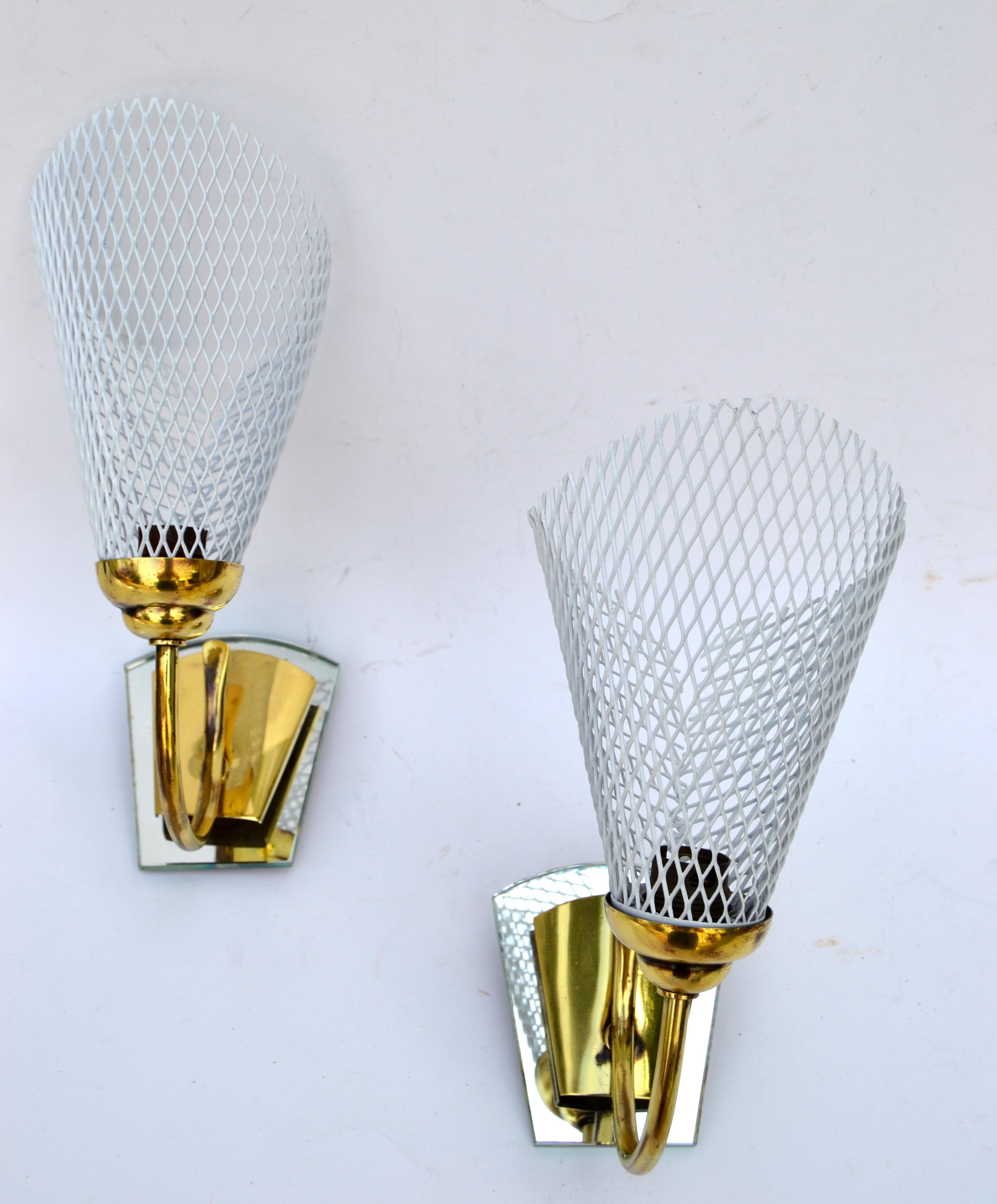 Mathieu Matégot Sconces Brass, Mirror & White Metal Mesh Shades Wall Lamps, Pair For Sale 3
