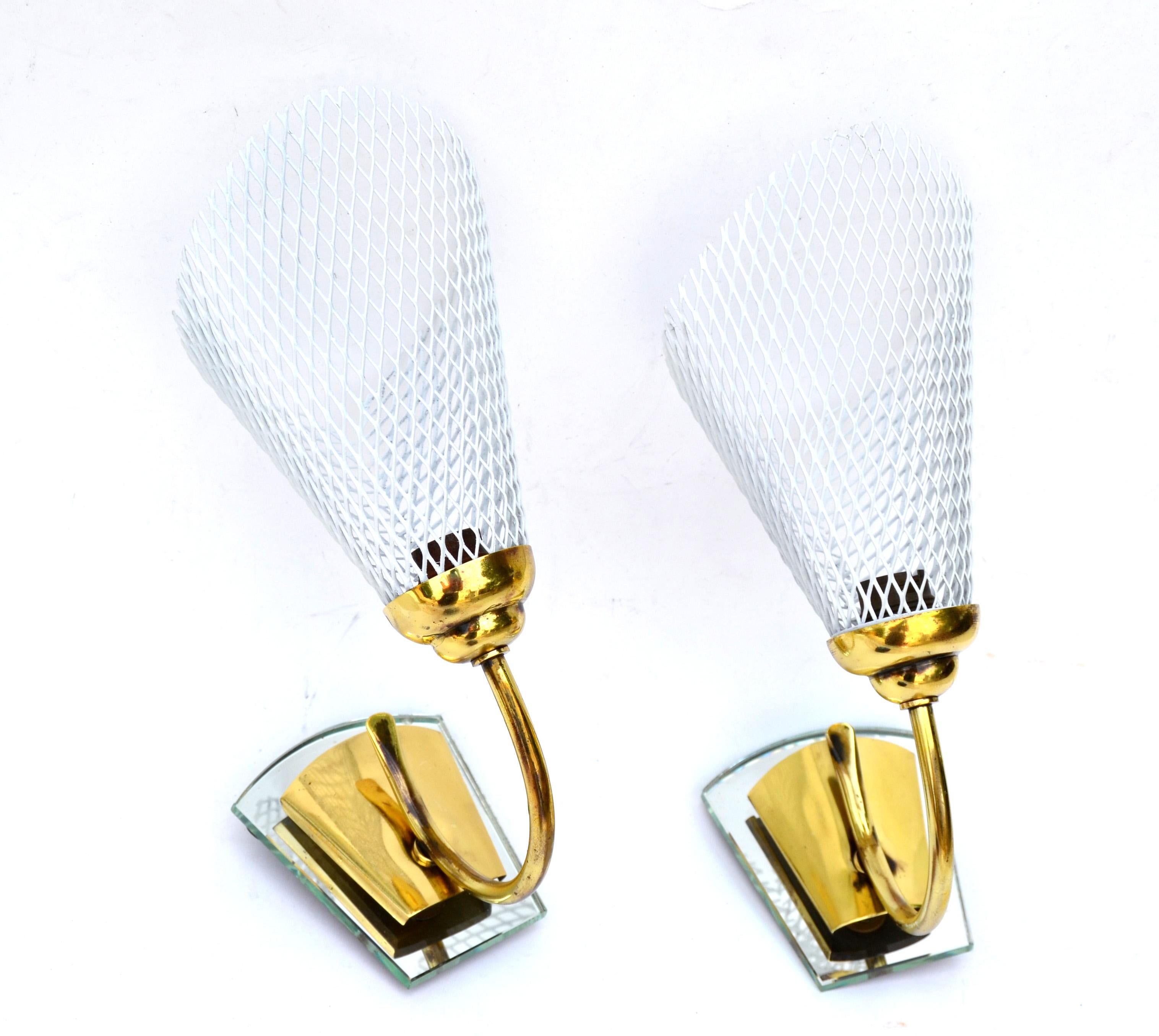 Mathieu Matégot Sconces Brass, Mirror & White Metal Mesh Shades Wall Lamps, Pair For Sale 6