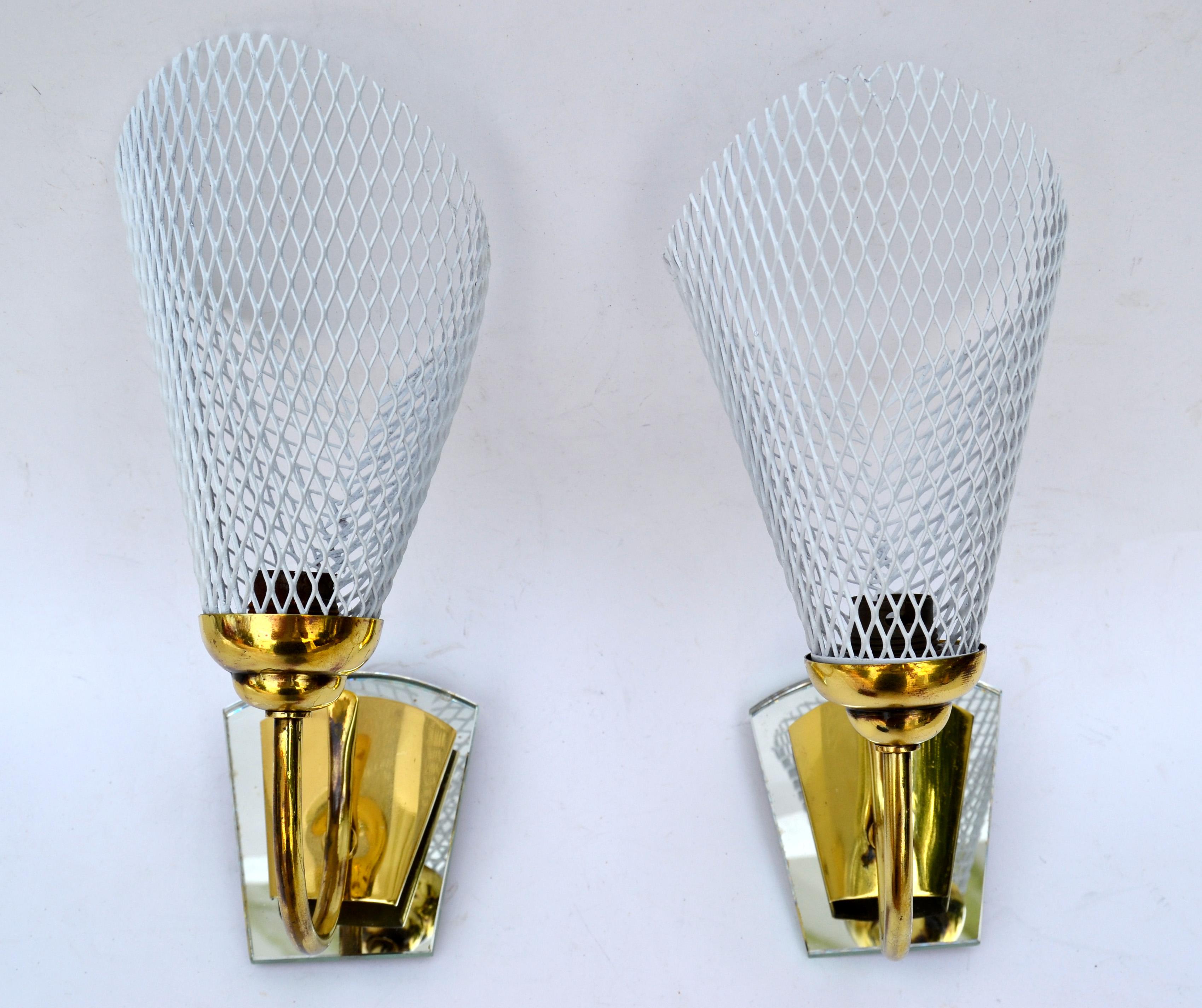 Mid-Century Modern Mathieu Matégot Sconces Brass, Mirror & White Metal Mesh Shades Wall Lamps, Pair For Sale