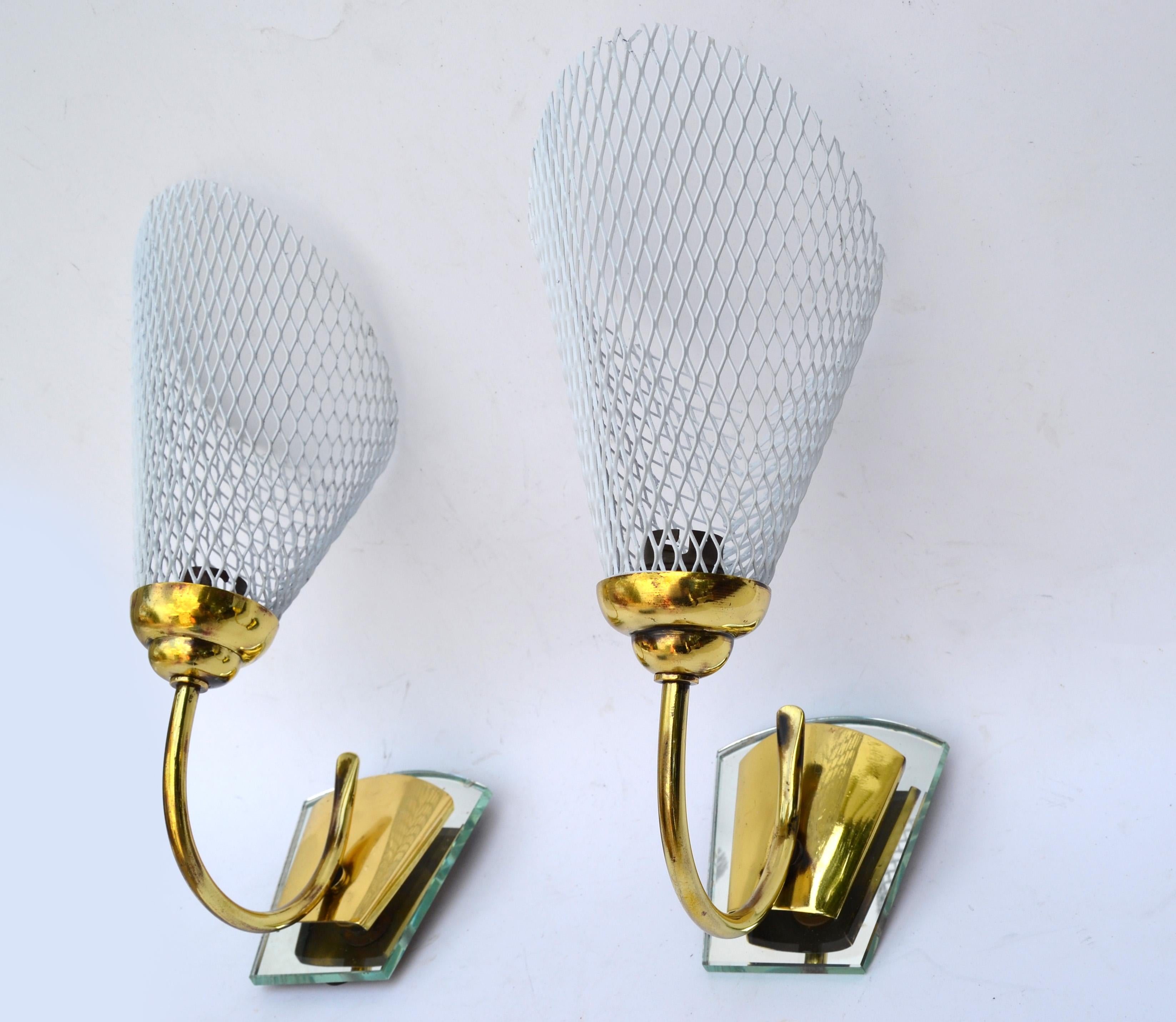 French Mathieu Matégot Sconces Brass, Mirror & White Metal Mesh Shades Wall Lamps, Pair For Sale