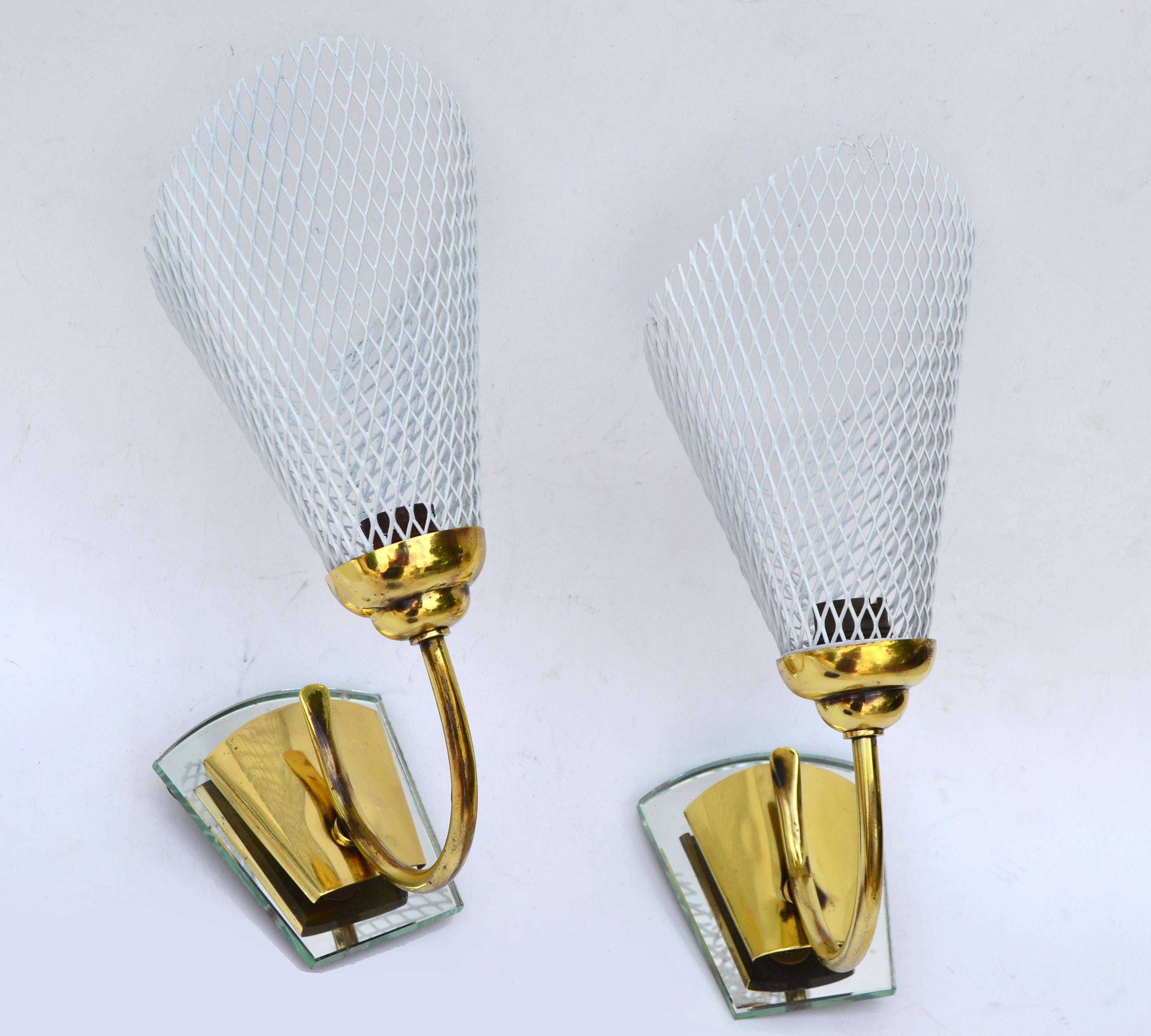 Hand-Painted Mathieu Matégot Sconces Brass, Mirror & White Metal Mesh Shades Wall Lamps, Pair For Sale