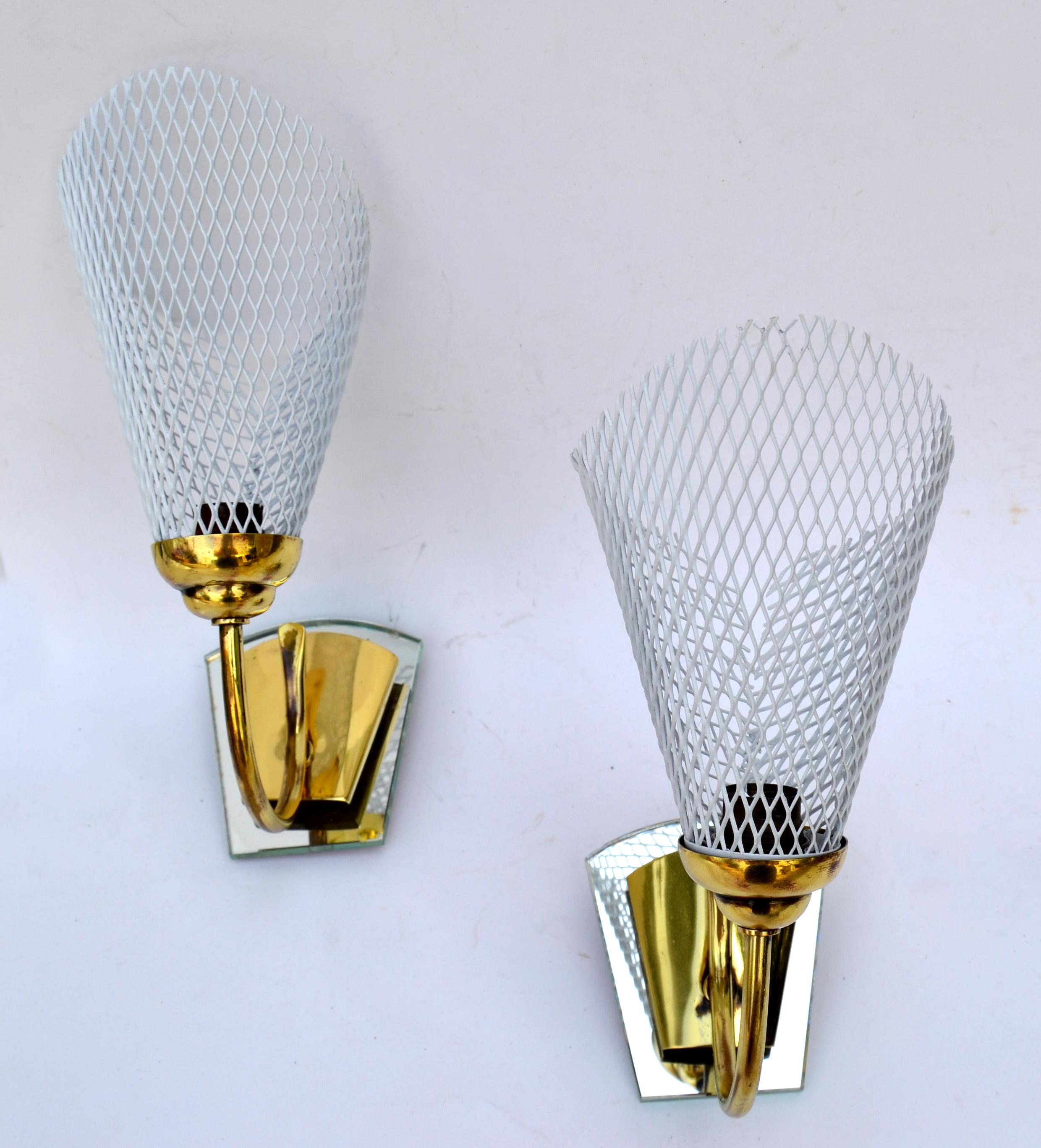 Mathieu Matégot Sconces Brass, Mirror & White Metal Mesh Shades Wall Lamps, Pair In Good Condition For Sale In Miami, FL