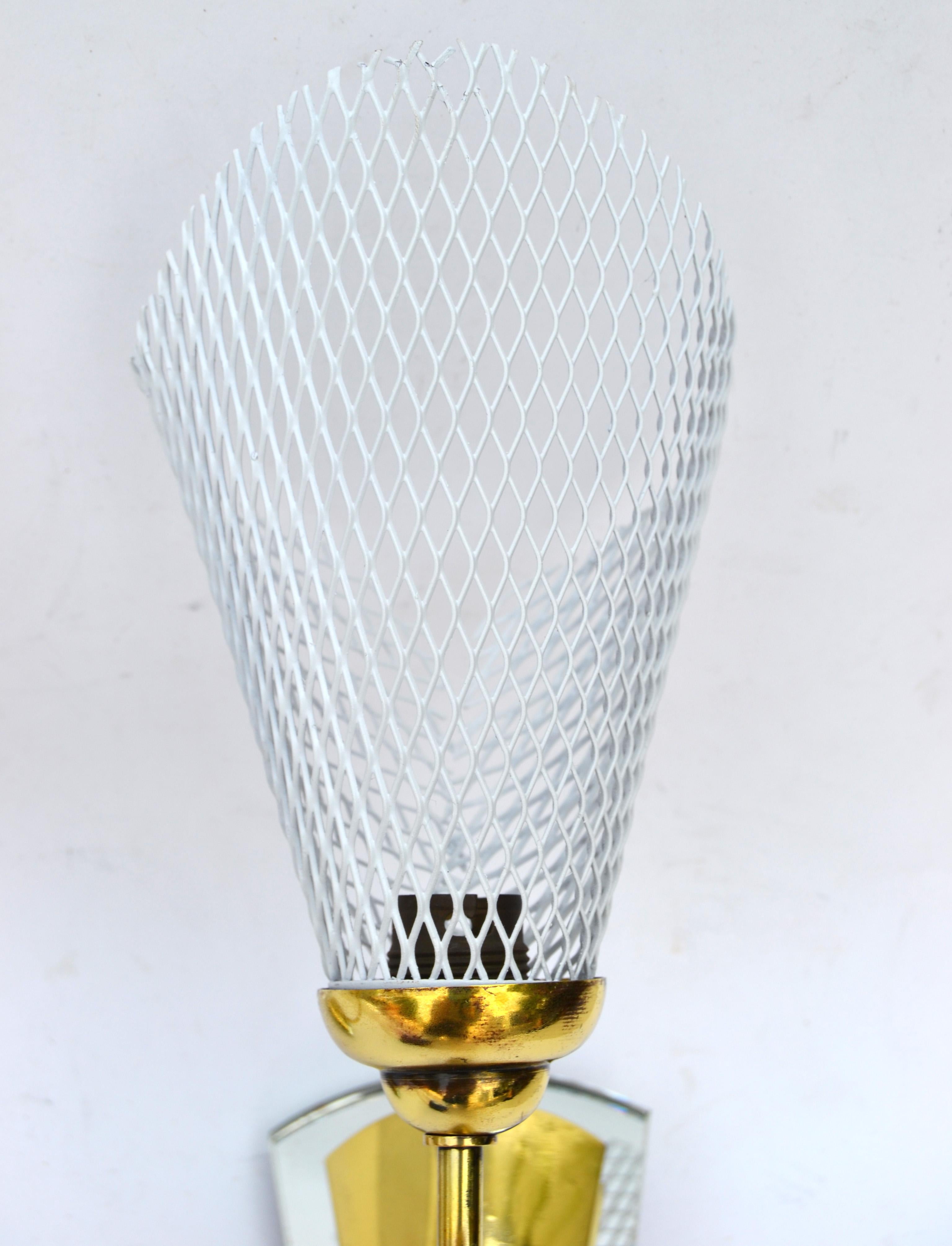 20th Century Mathieu Matégot Sconces Brass, Mirror & White Metal Mesh Shades Wall Lamps, Pair For Sale