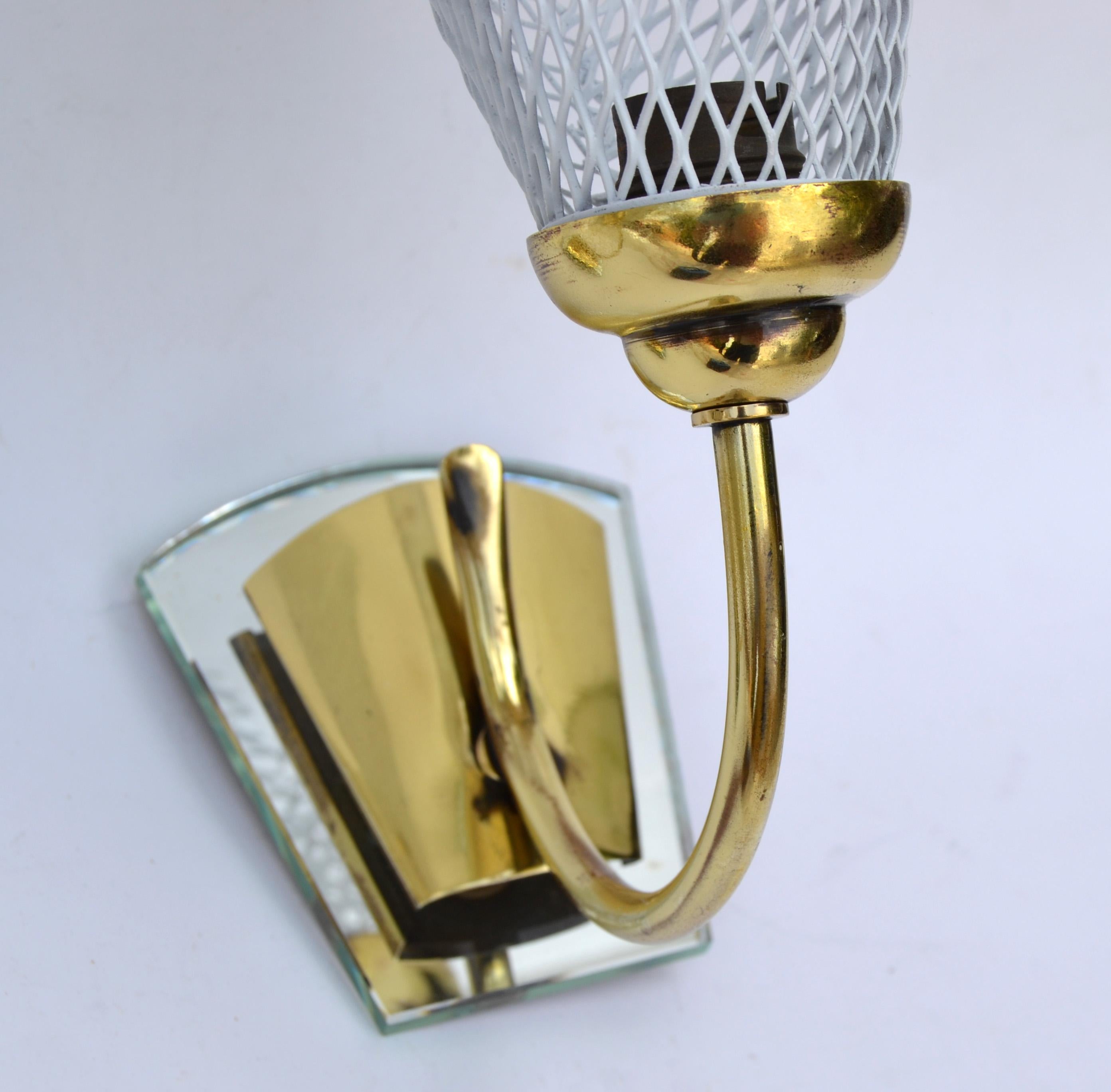 Mathieu Matégot Sconces Brass, Mirror & White Metal Mesh Shades Wall Lamps, Pair For Sale 1