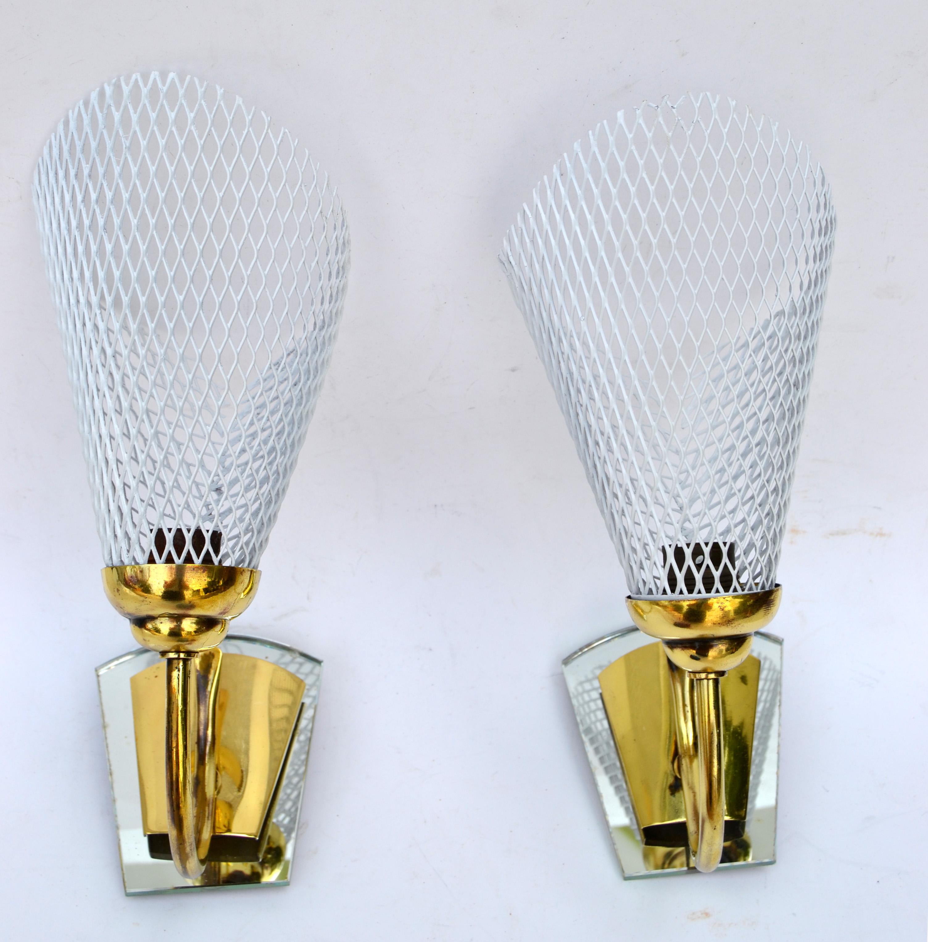 Mathieu Matégot Sconces Brass, Mirror & White Metal Mesh Shades Wall Lamps, Pair For Sale 2