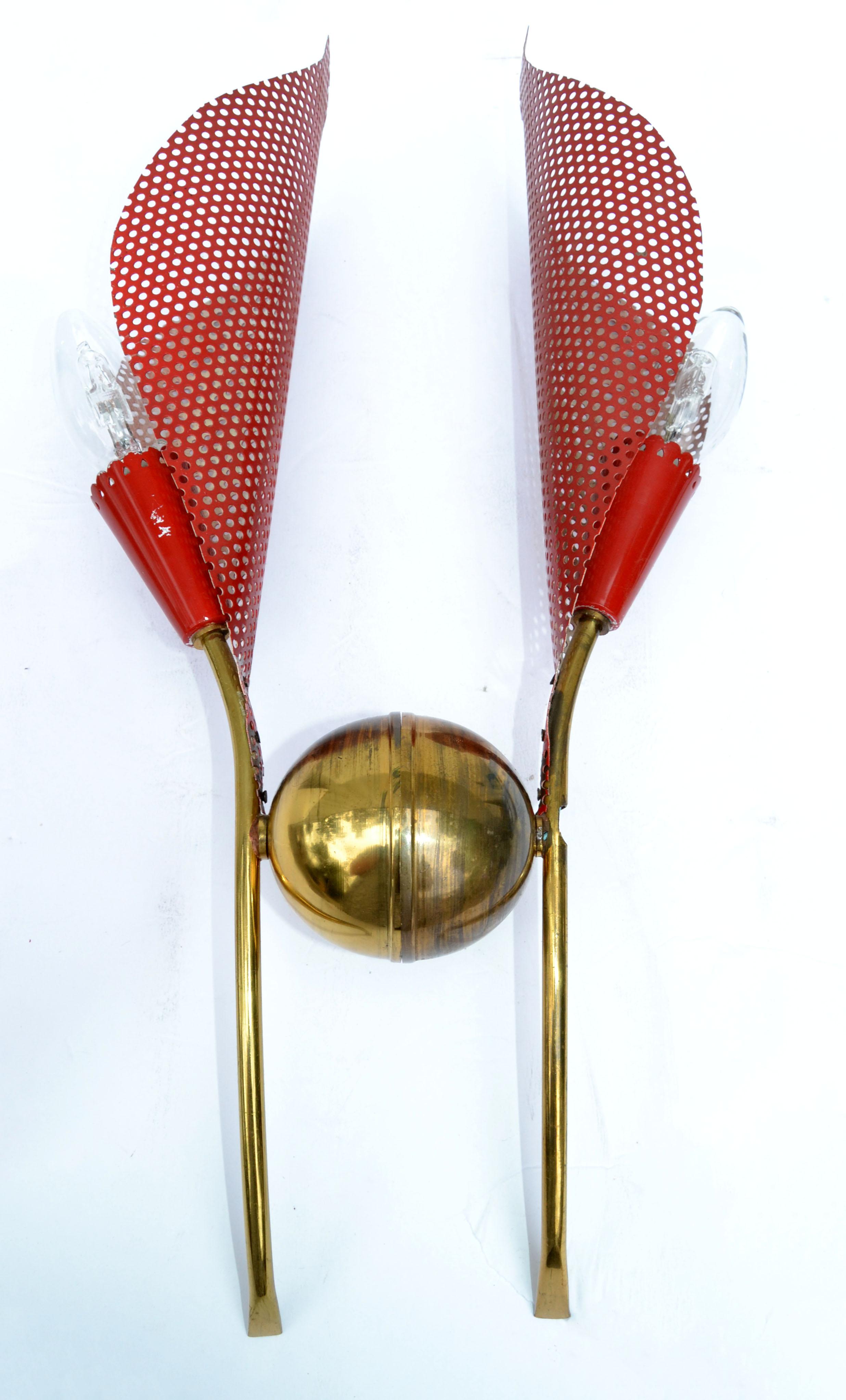 French Mathieu Matégot Sconces Brass & Red Metal Mesh Shades France 60s Wall Lamps Pair For Sale