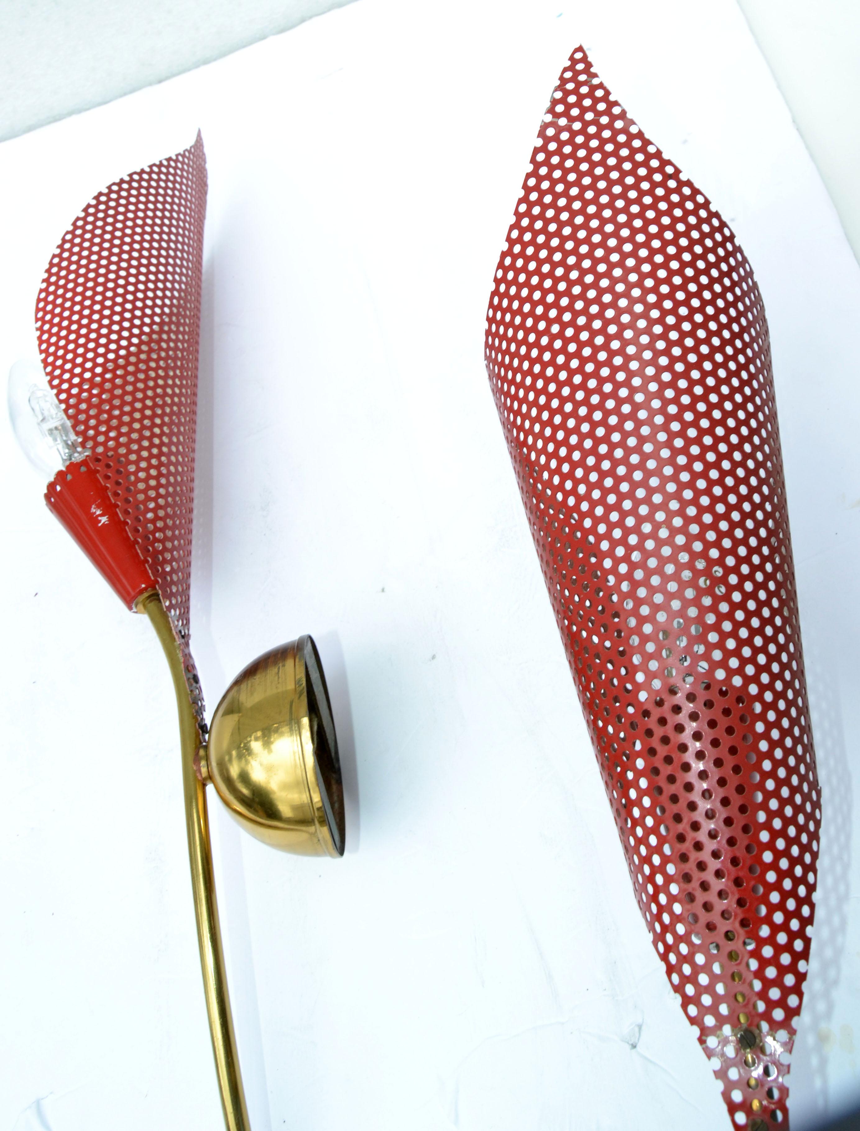 20th Century Mathieu Matégot Sconces Brass & Red Metal Mesh Shades France 60s Wall Lamps Pair For Sale