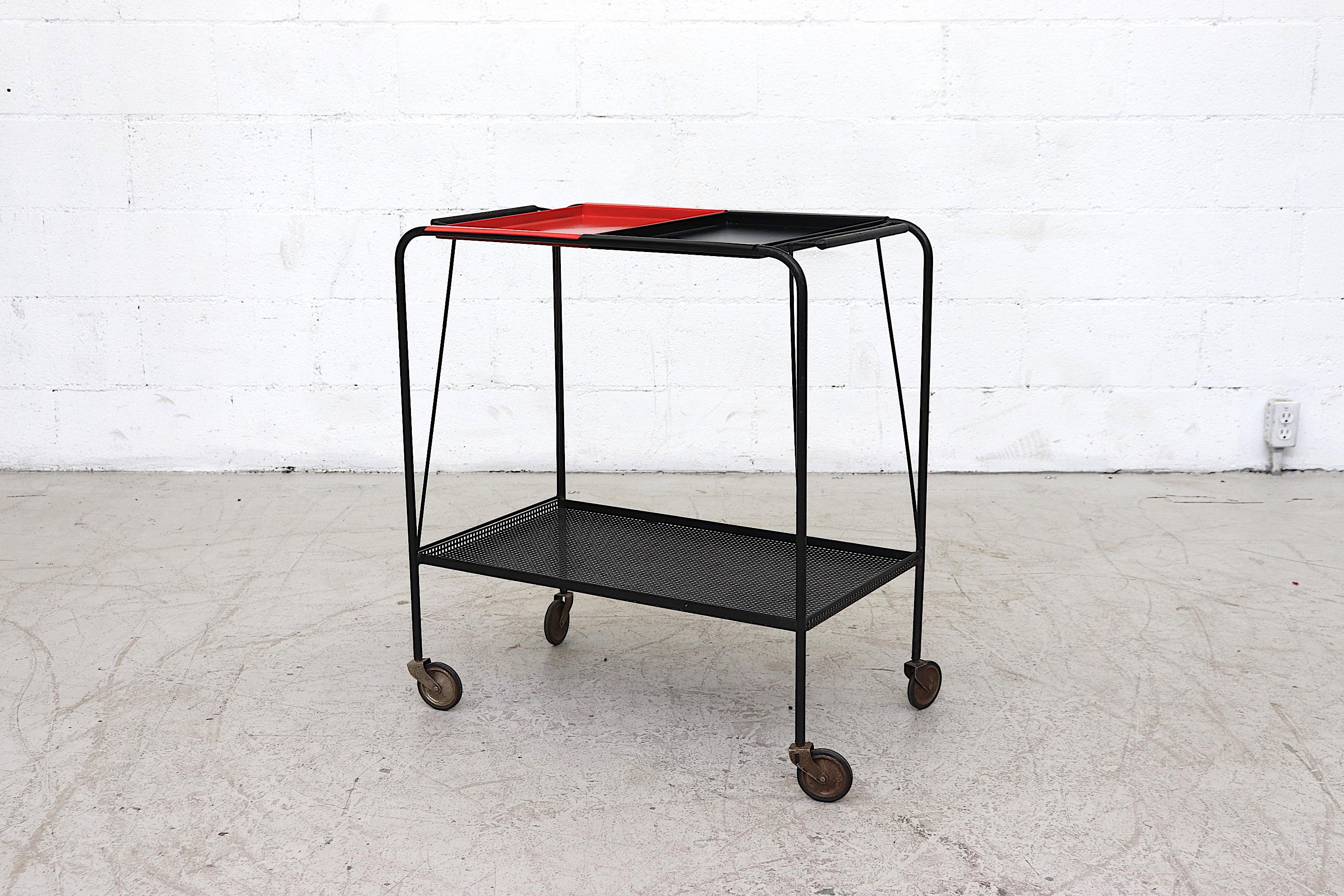 Mid-Century Modern Mathieu Matégot Style Bar Cart by Pilastro with Removable Trays