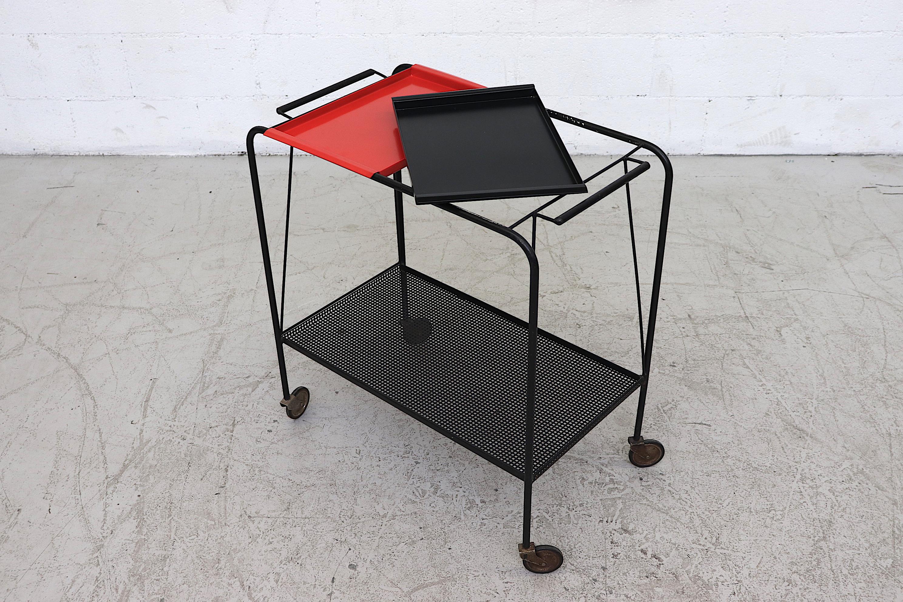Mathieu Matégot Style Bar Cart by Pilastro with Removable Trays In Good Condition In Los Angeles, CA