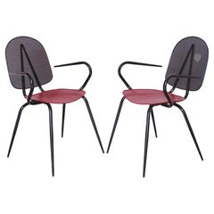 Mathieu Mategot Style Black and Red Metal Chair Armchair, a pair