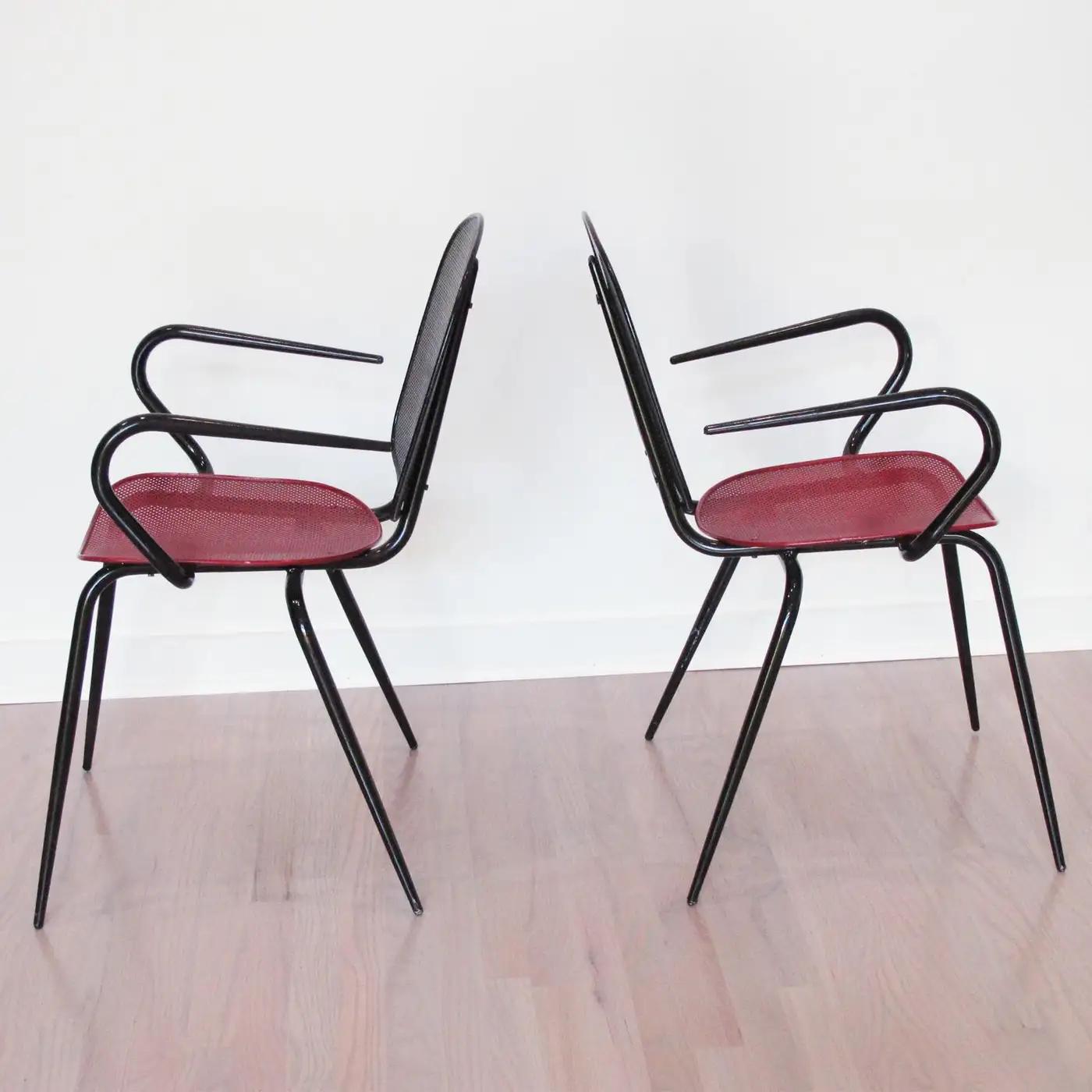 Mid-Century Modern Mathieu Mategot Style Black and Red Metal Chair or Armchair, a pair For Sale