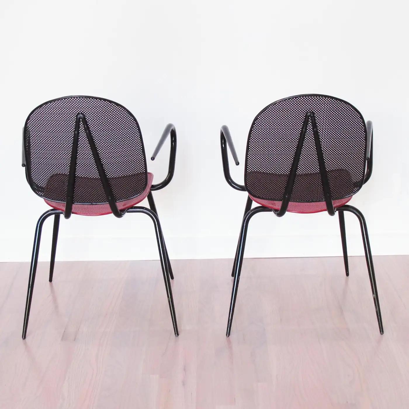 French Mathieu Mategot Style Black and Red Metal Chair or Armchair, a pair For Sale