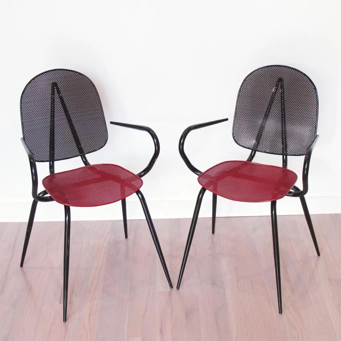 Mathieu Mategot Style Black and Red Metal Chair or Armchair, a pair In Excellent Condition For Sale In Atlanta, GA