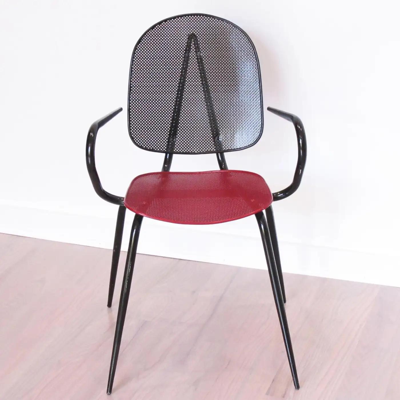 20th Century Mathieu Mategot Style Black and Red Metal Chair or Armchair, a pair For Sale
